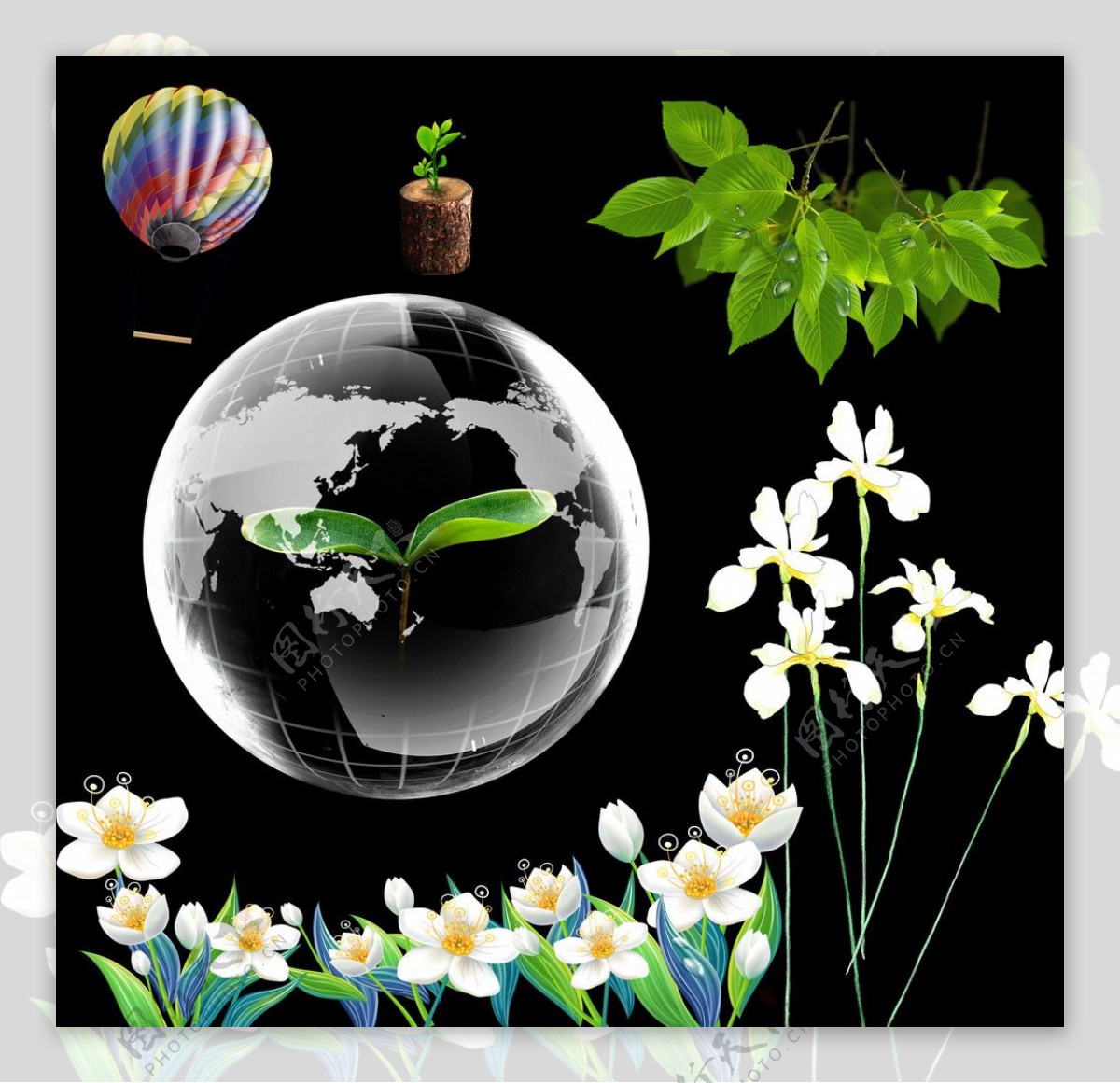 绿色地球花朵热气球