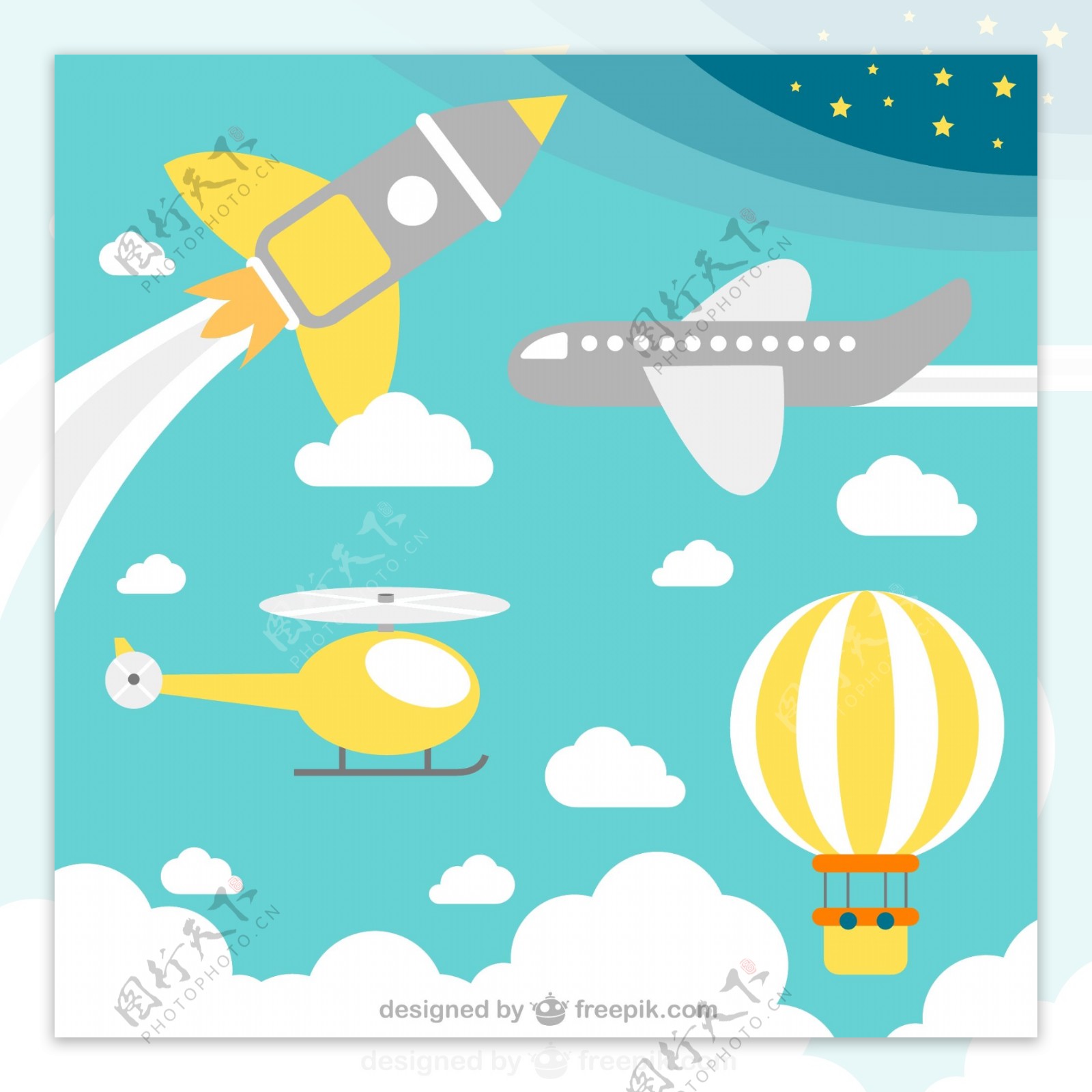 卡通飞机火箭热气球云矢量图