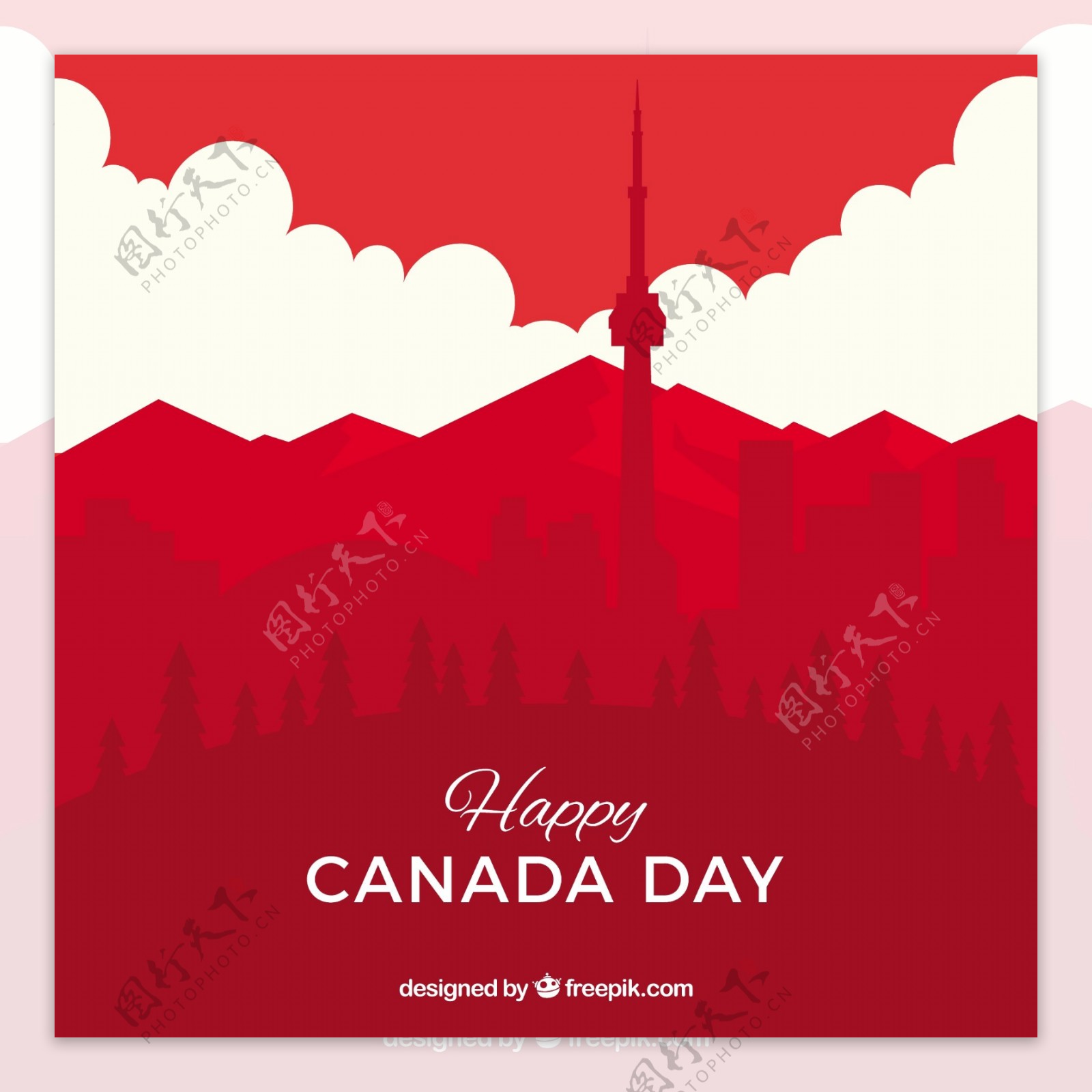 加拿大国庆日红色城市剪影背景