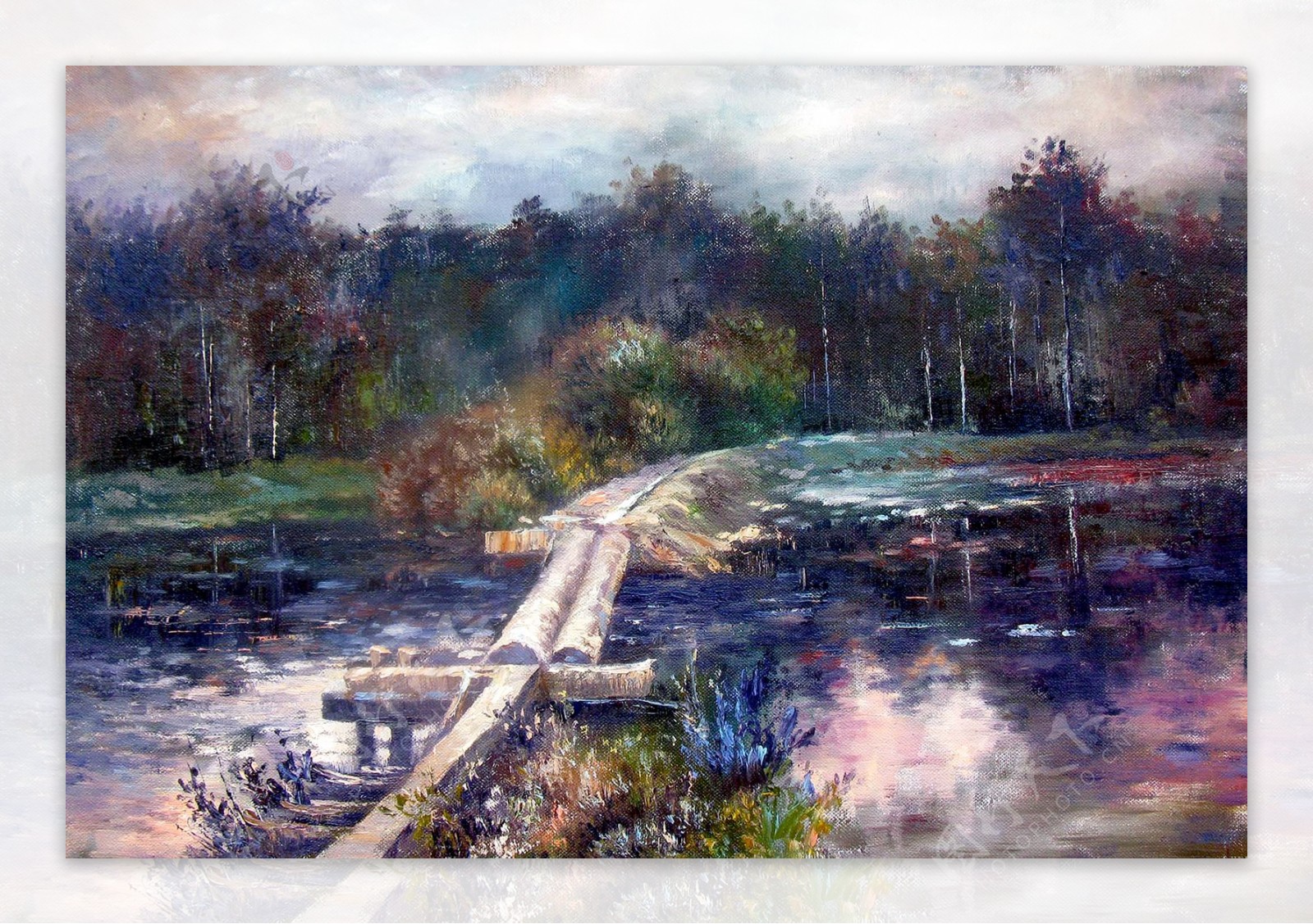 木桥风景油画图片