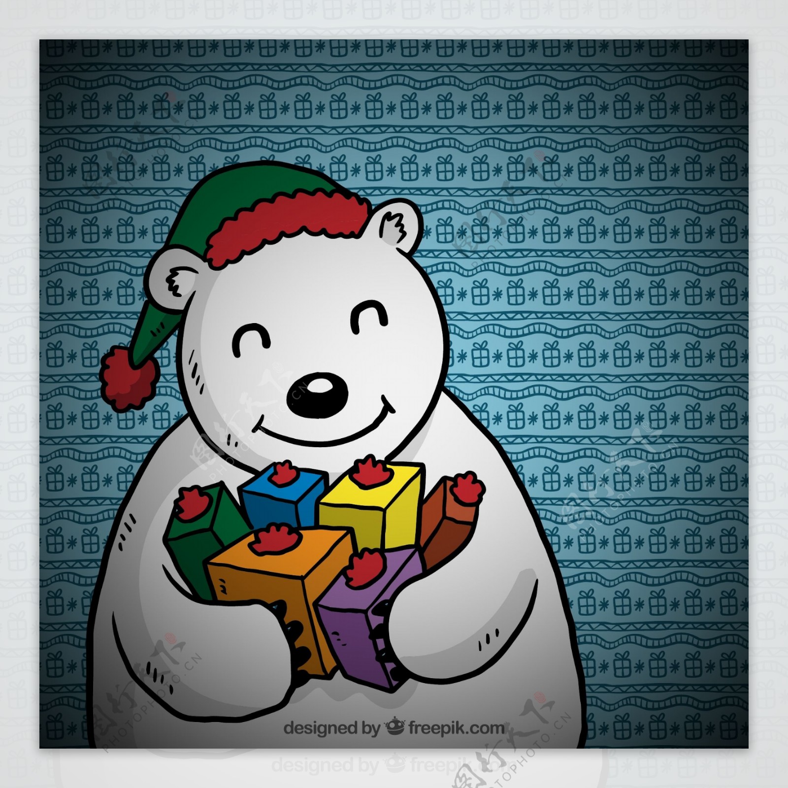 卡通抱礼盒的北极熊
