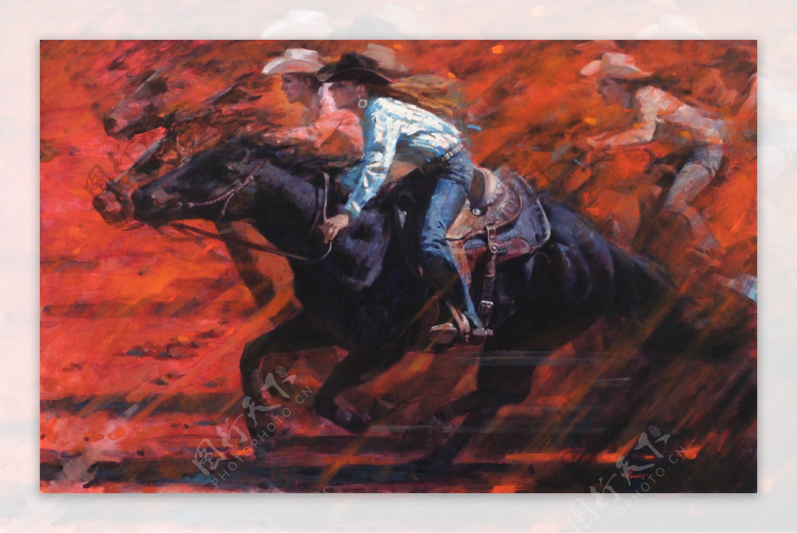 骑马的女牛仔油画图片