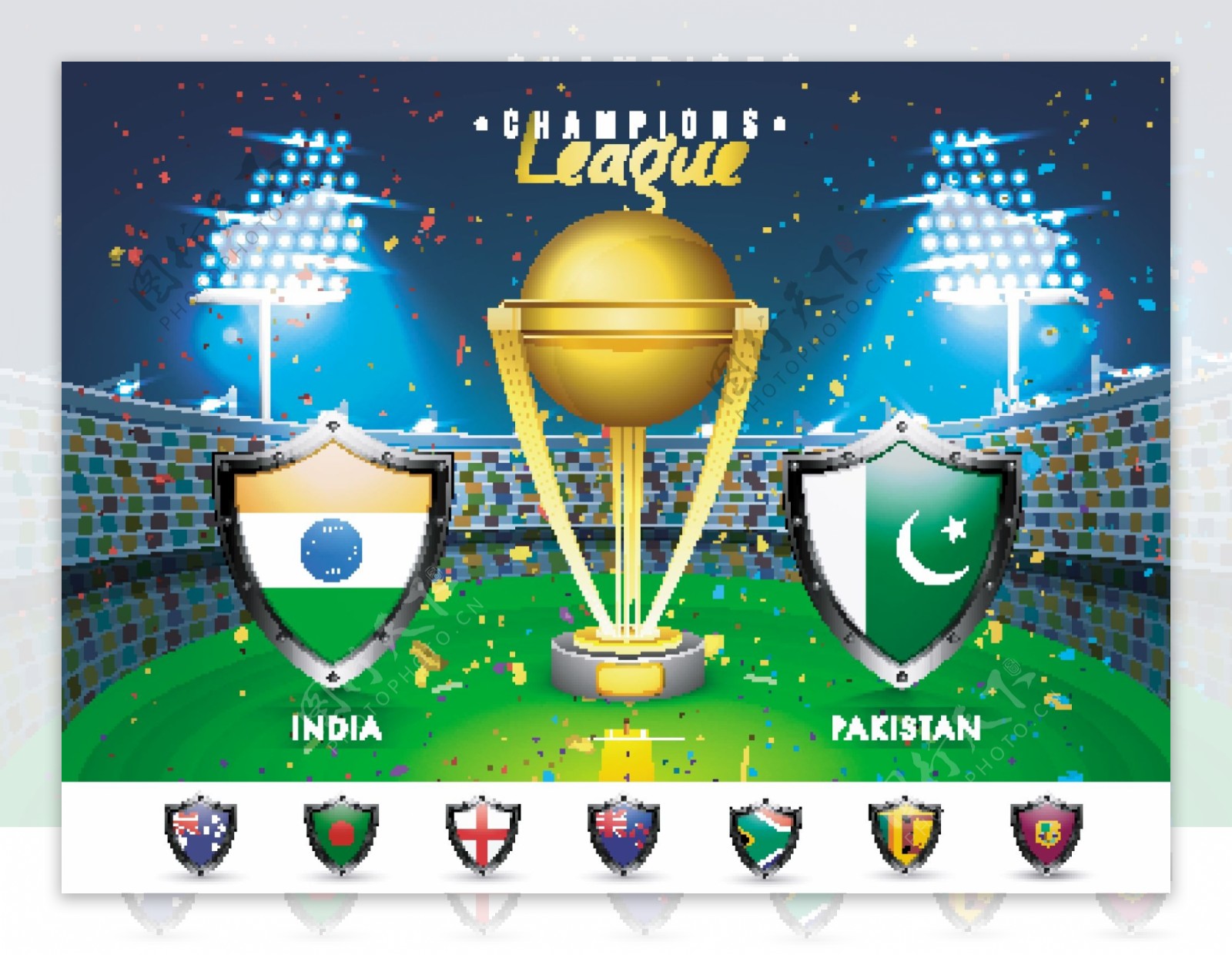 板球比赛的参赛国谢尔德斯与印度VS巴基斯坦球场背景明亮