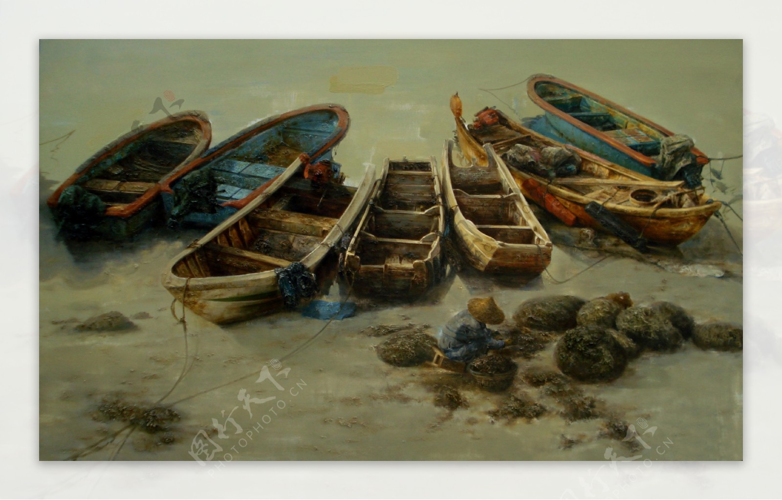 海岸边的木船油画图片