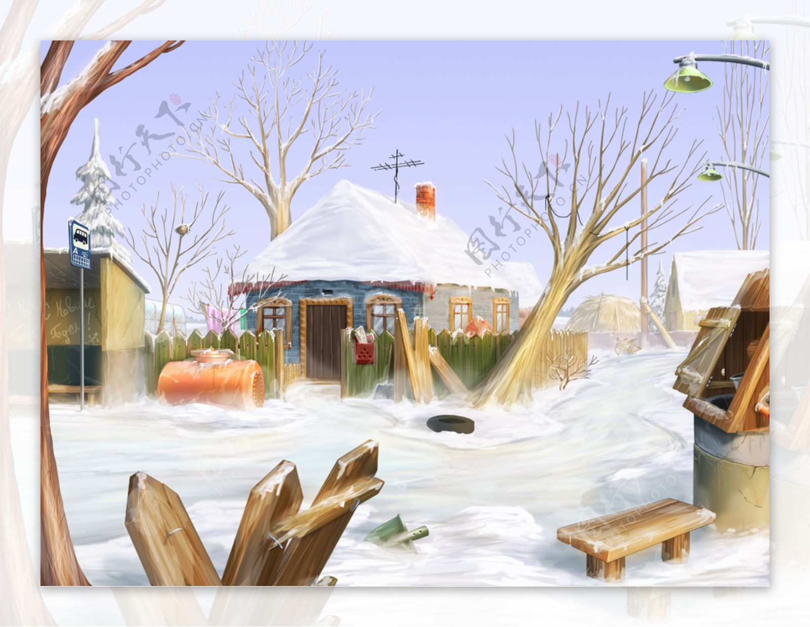 卡通冬天雪景插画图片
