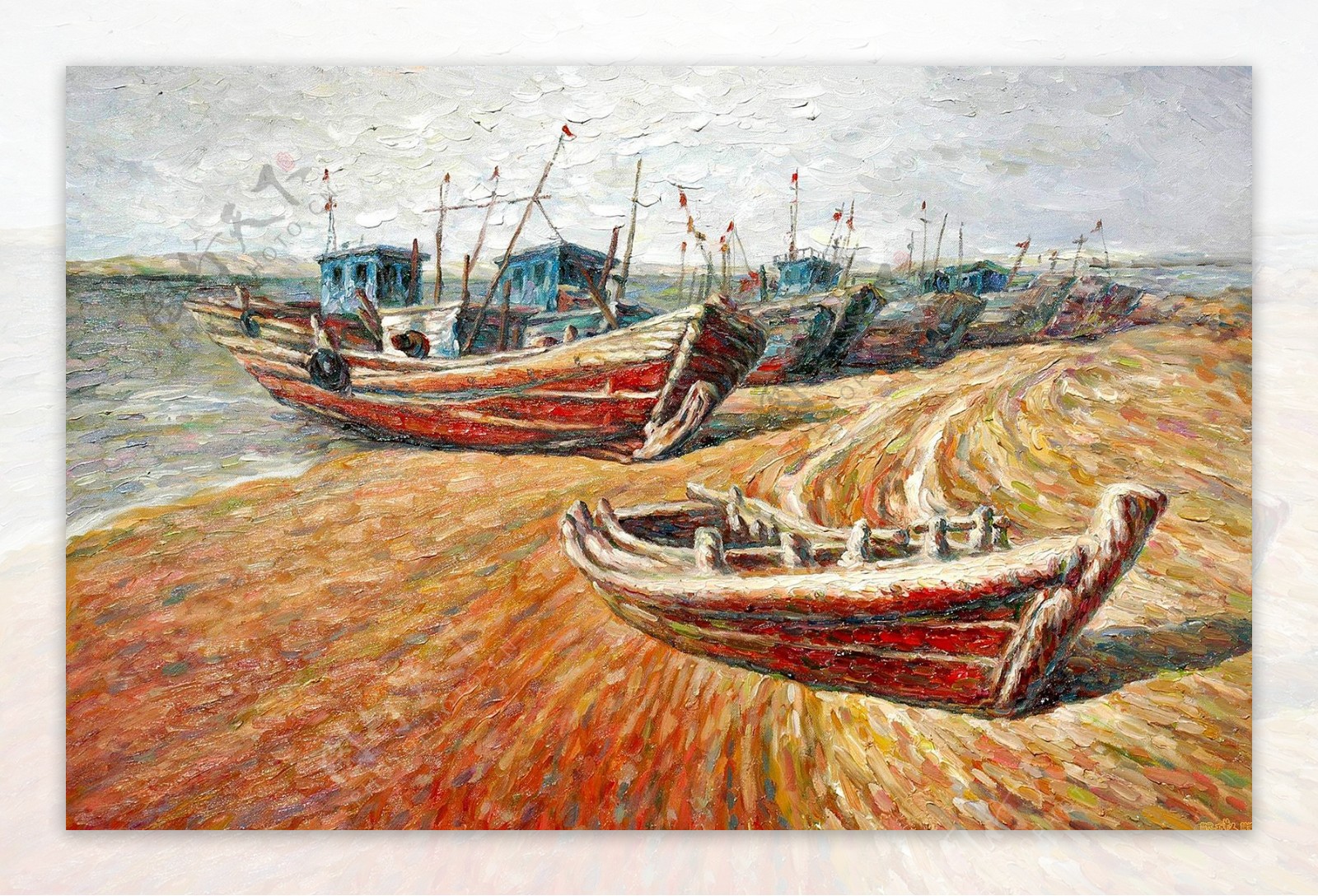 海滩的渔船油画写生图片