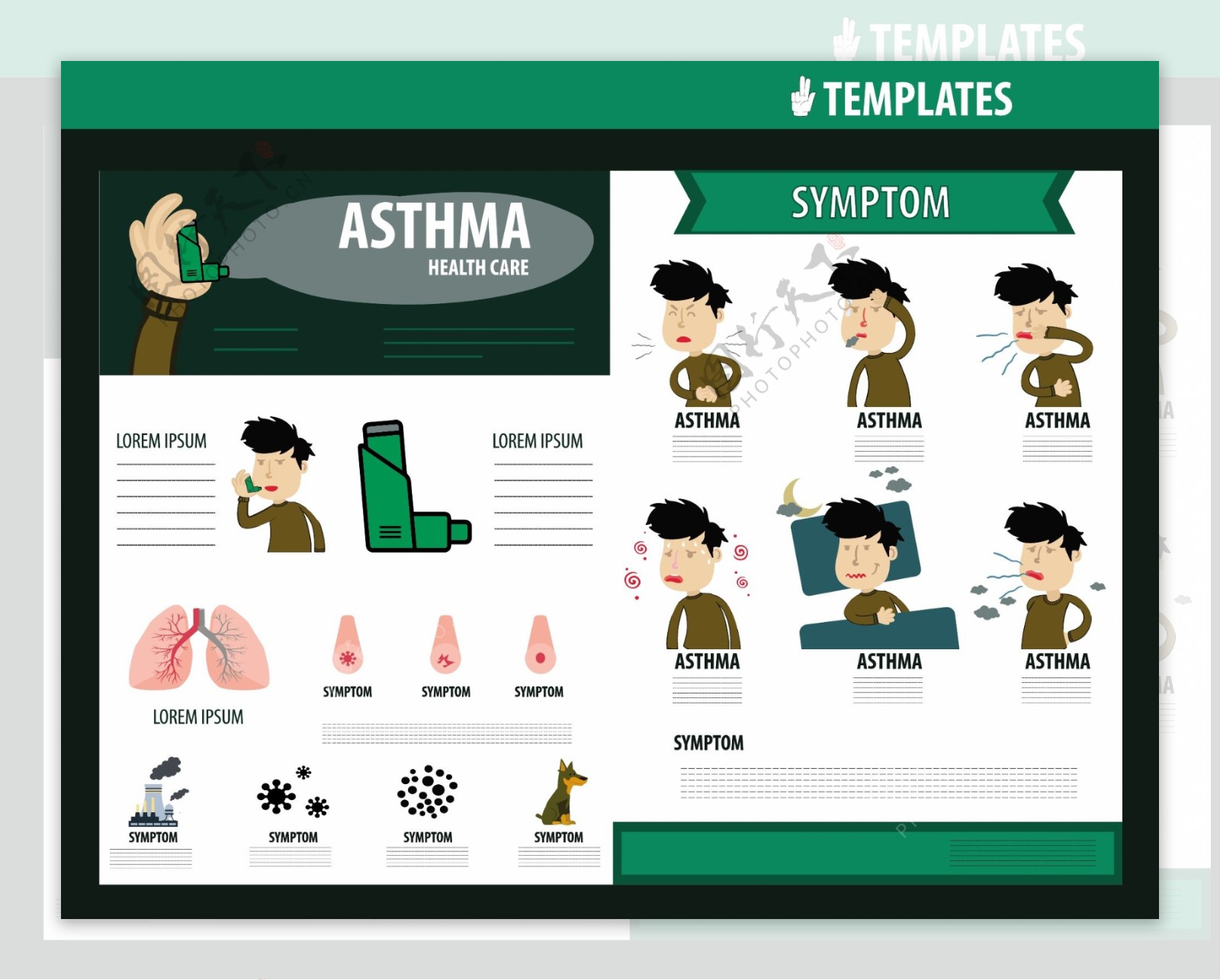 医疗宣传册设计与哮喘症状信息自由向量