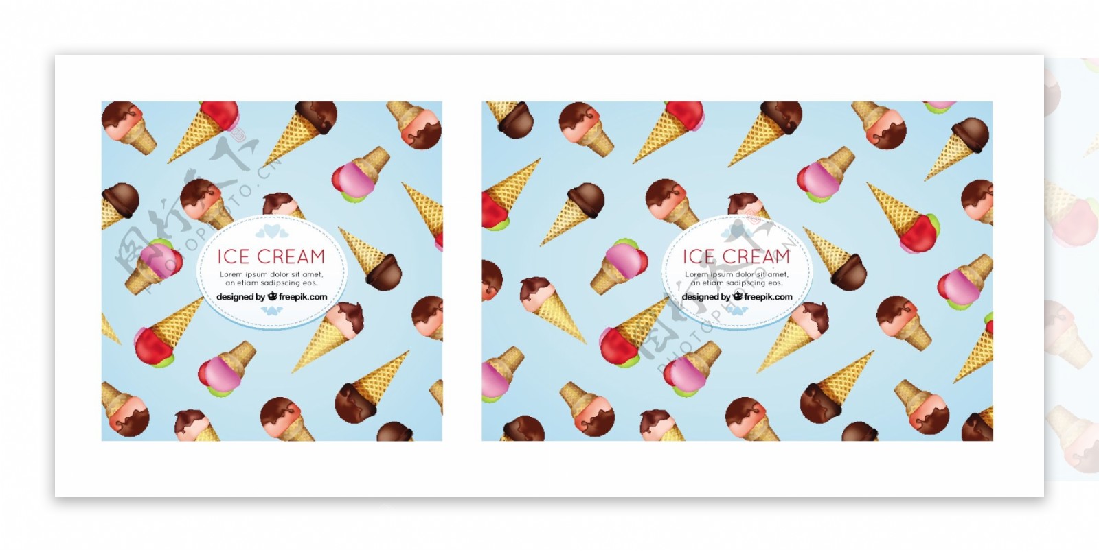 各种冰淇淋雪糕插图浅蓝色背景