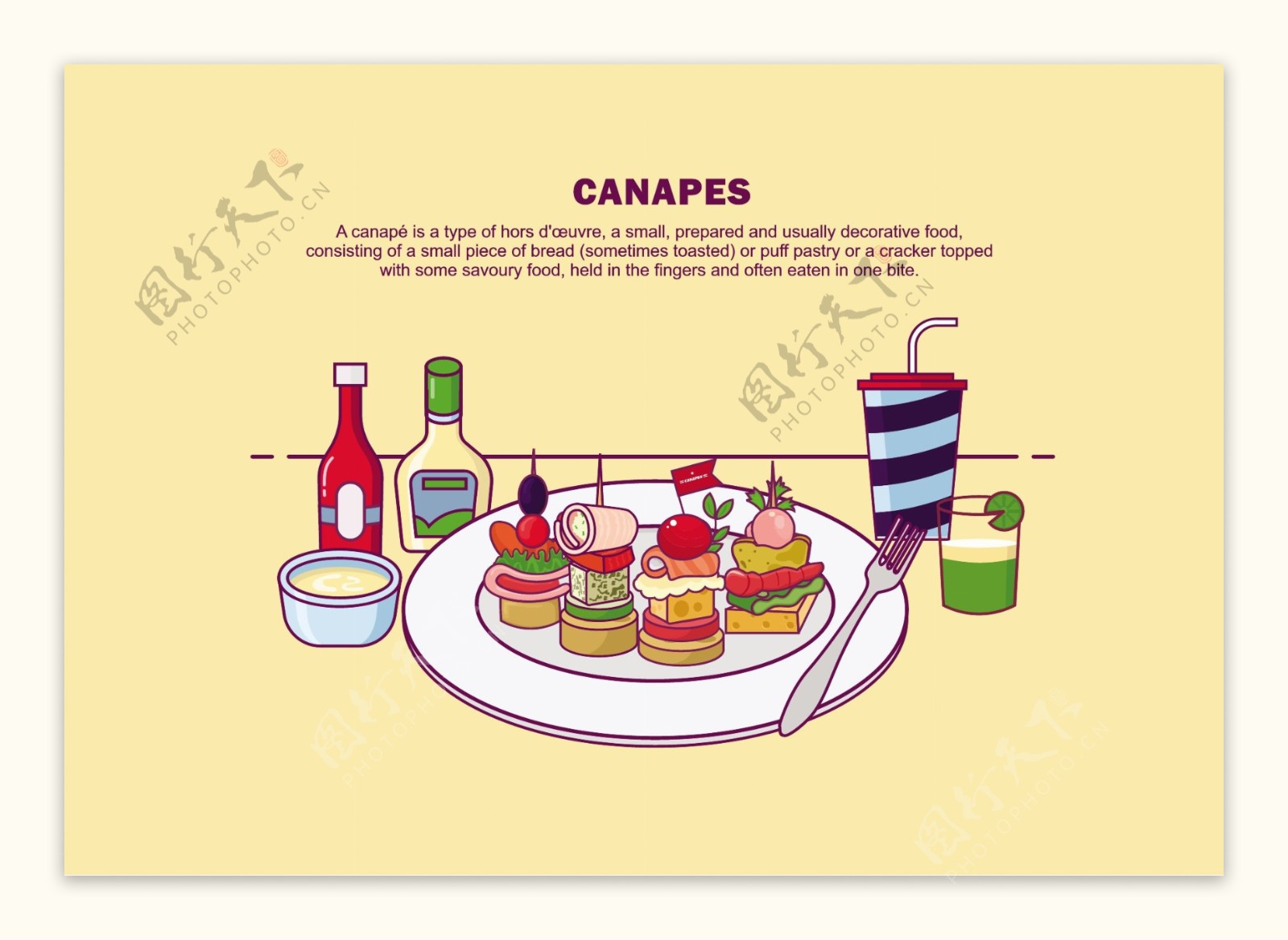 手绘彩色美食餐具背景设计
