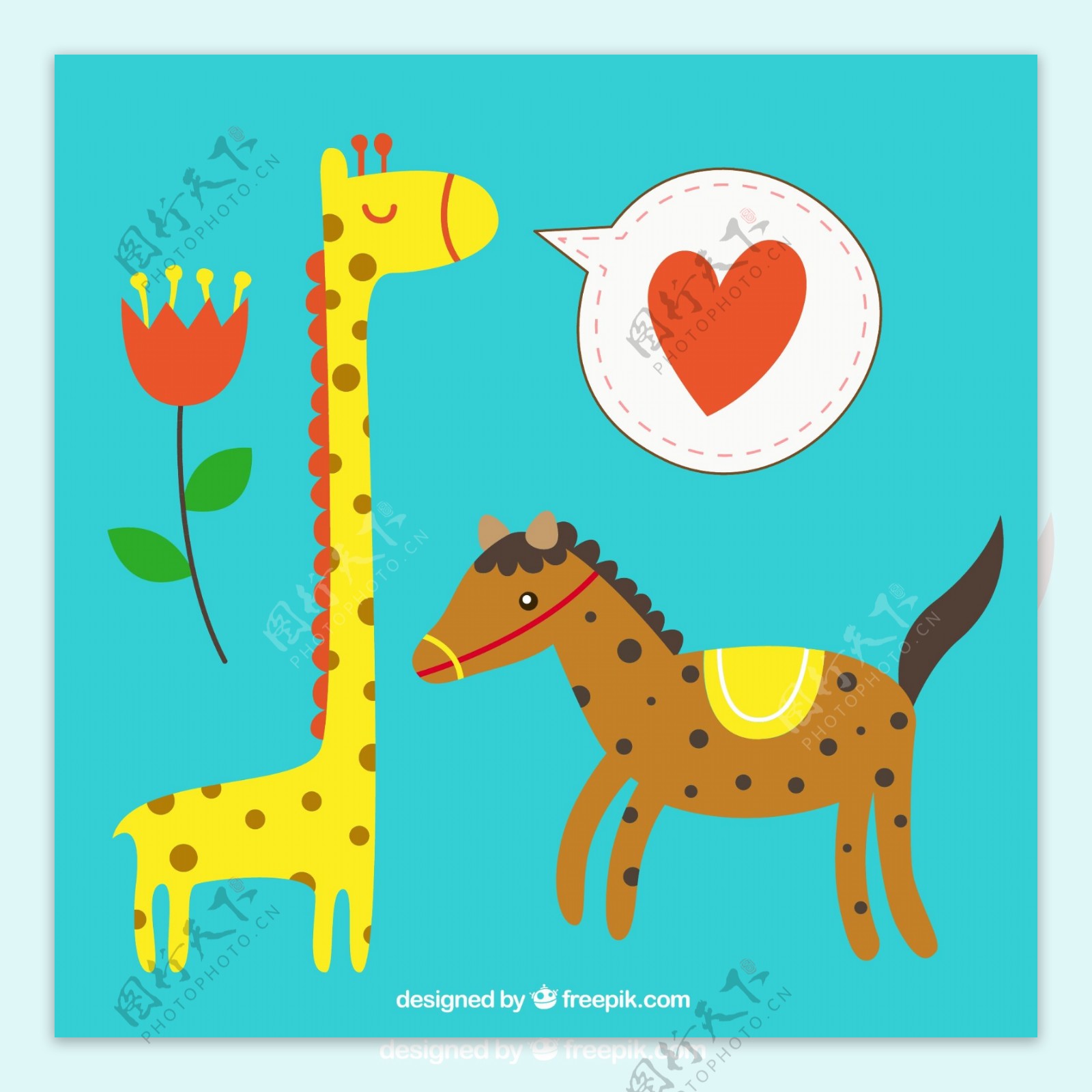卡通长颈鹿和斑点马