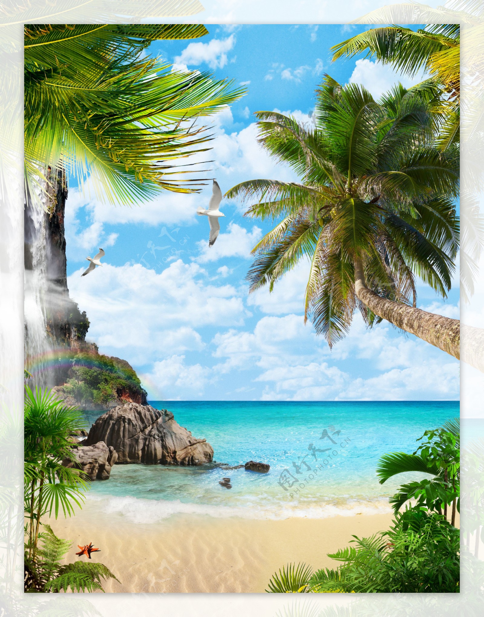 海滩椰子树风景画_风景520
