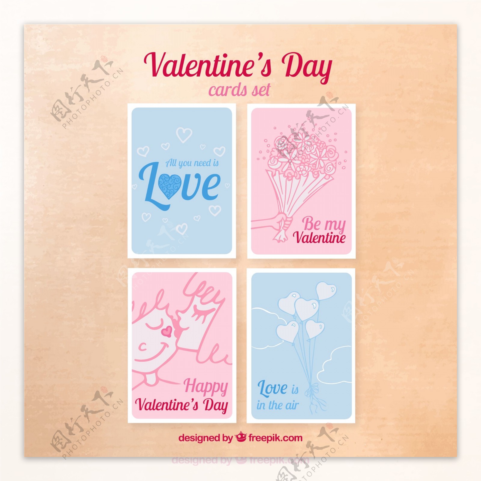 4款彩绘情人节卡片矢量素材