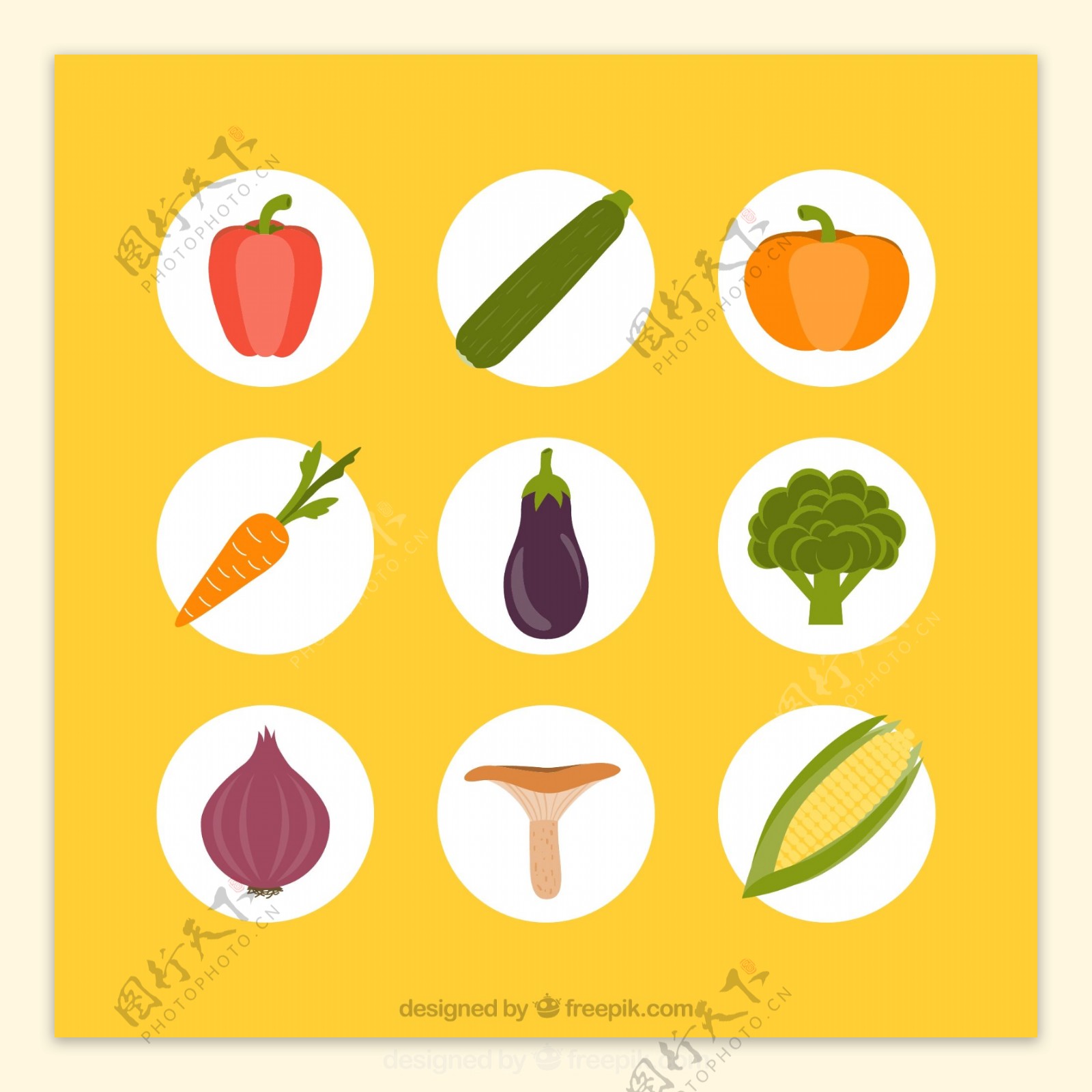 6款圆形常见蔬菜图标矢量素材