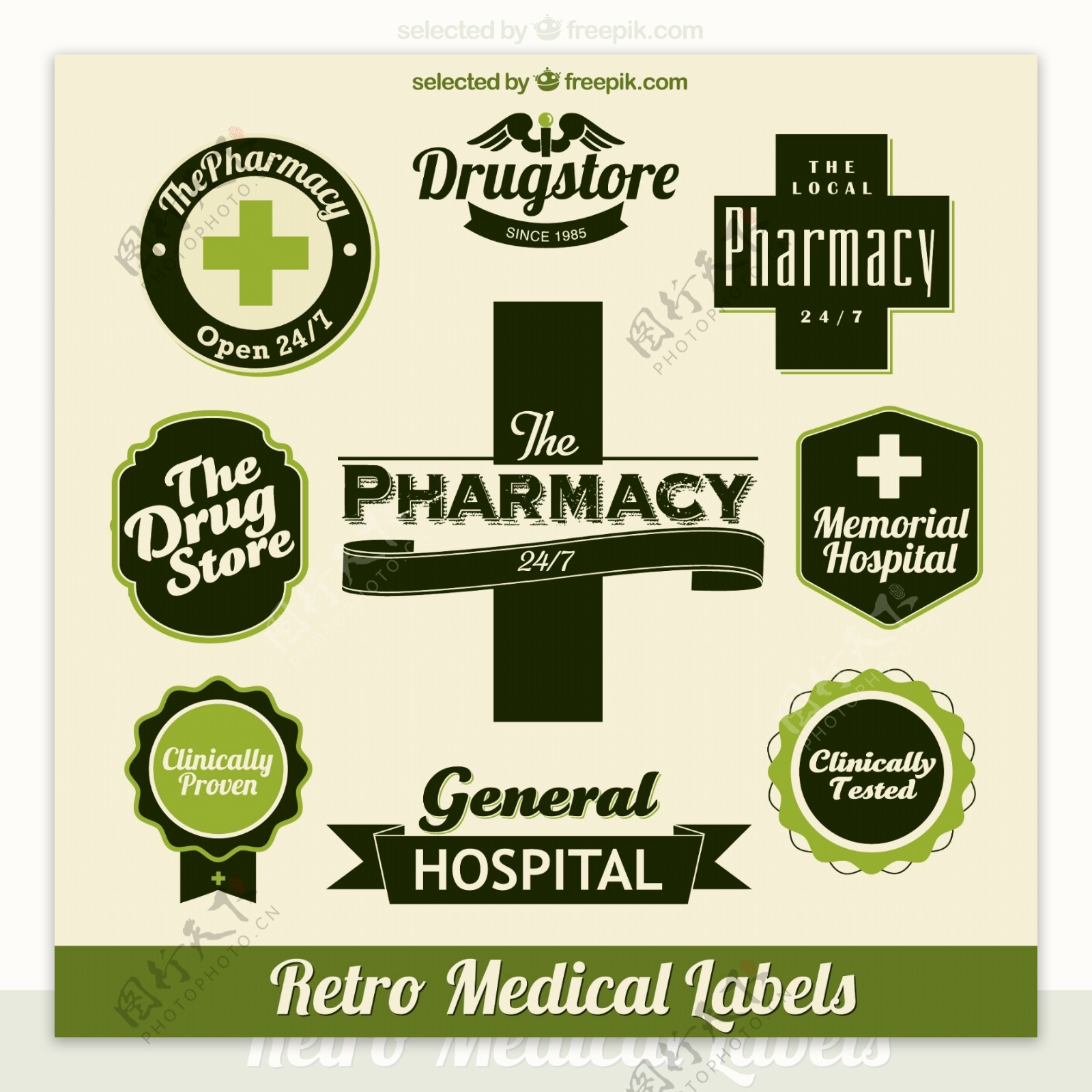 9款复古绿色医疗标签矢量图