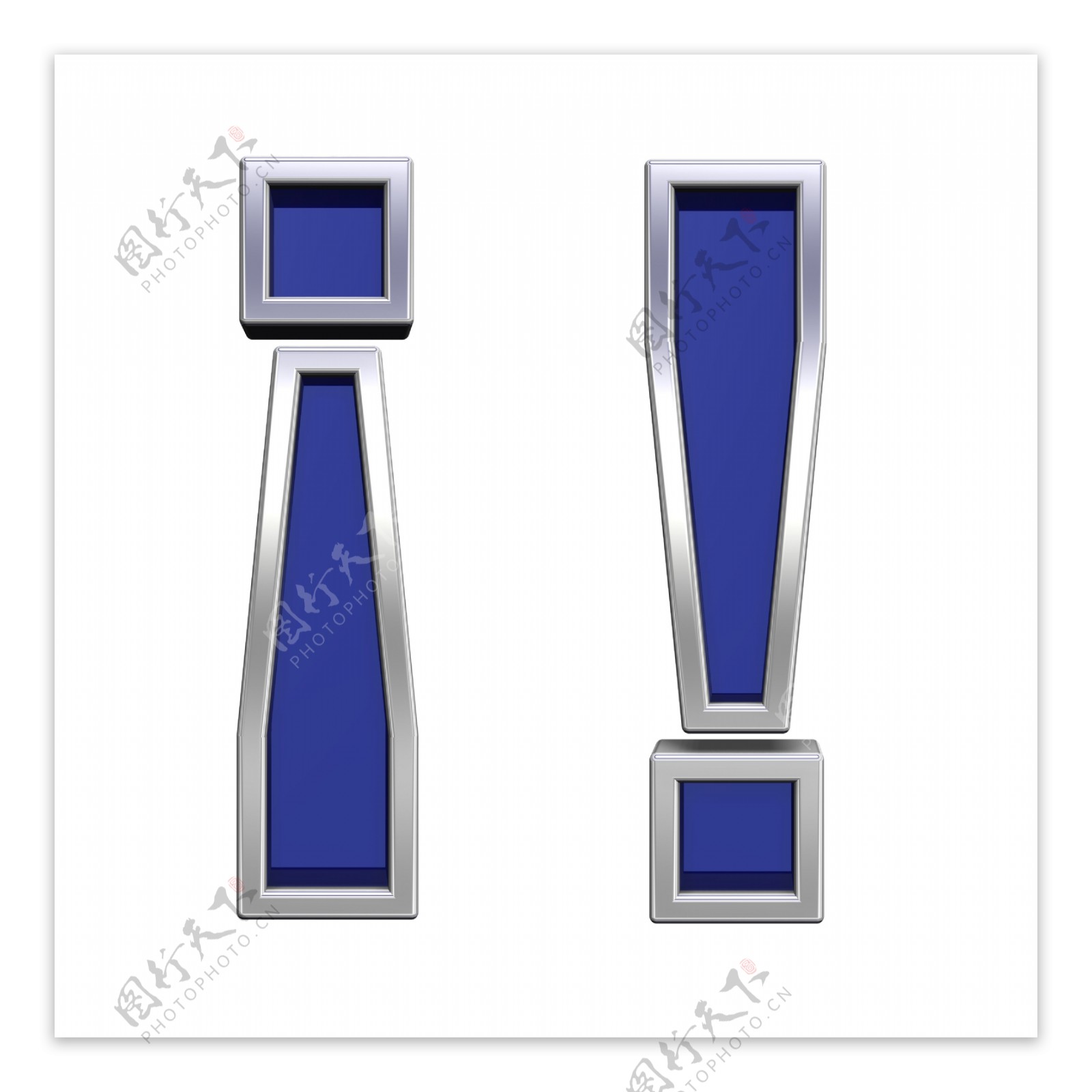 感叹标记符号从铬框架字母的蓝色玻璃