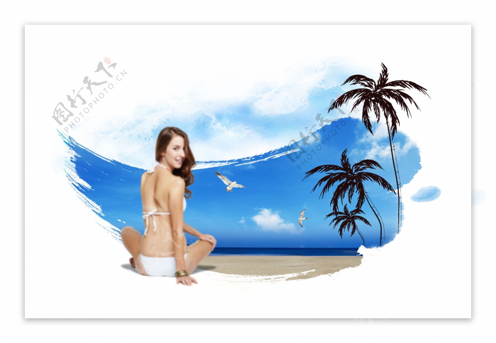 坐沙滩上的美女海报模板PSD素材