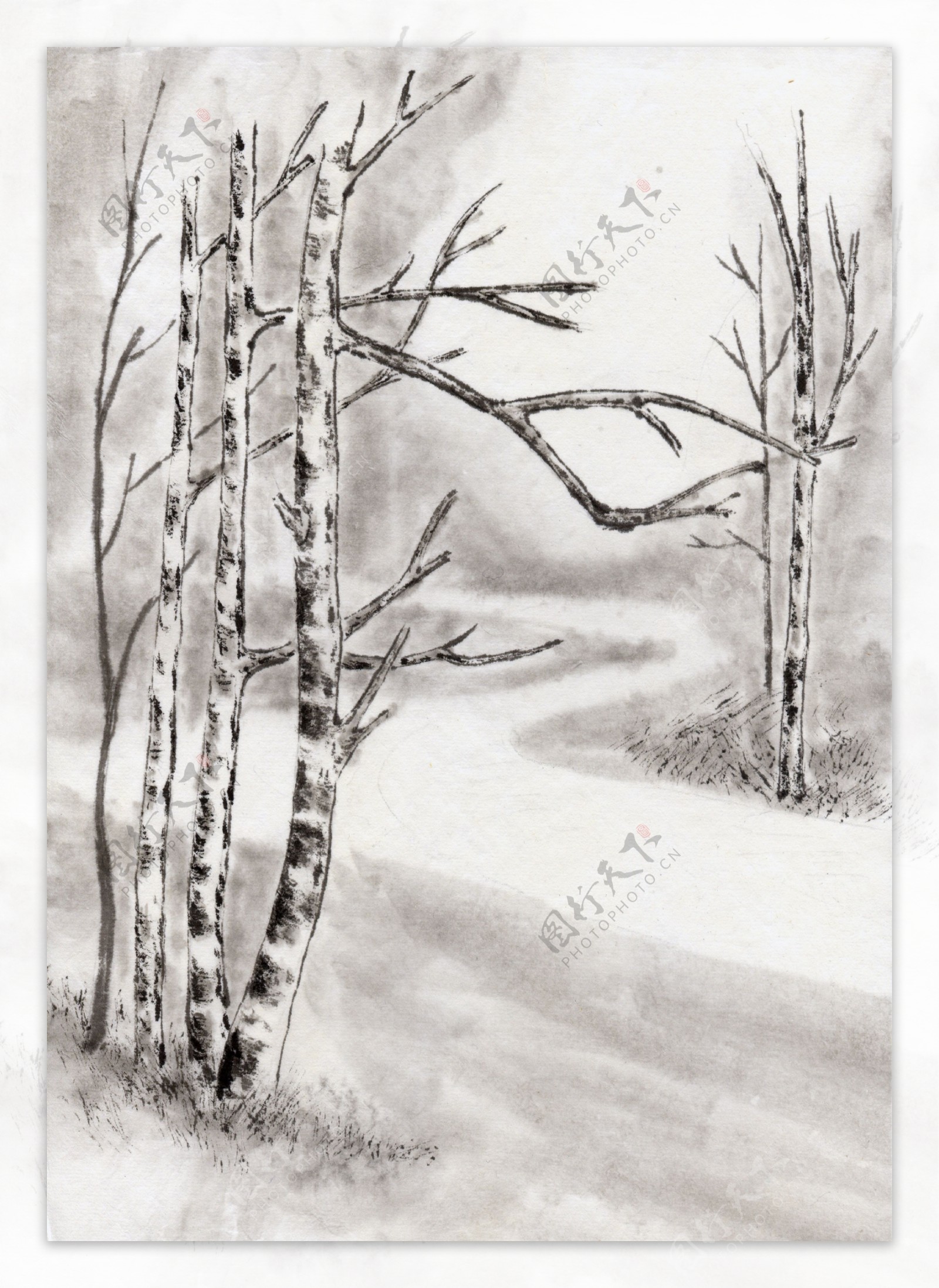水墨风景冬日的路图片图片