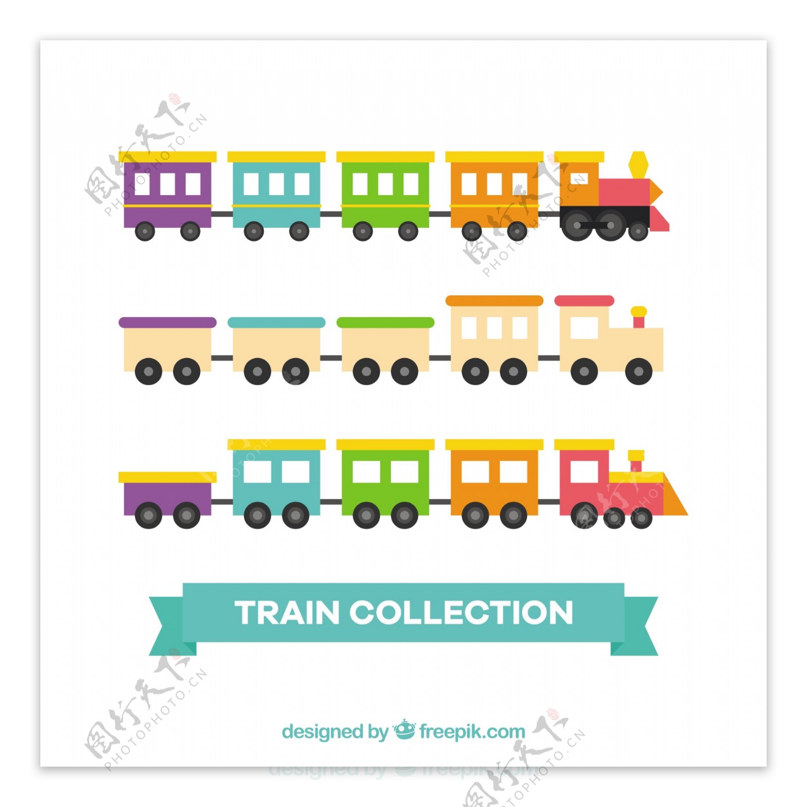 手绘各种彩色玩具火车矢量素材