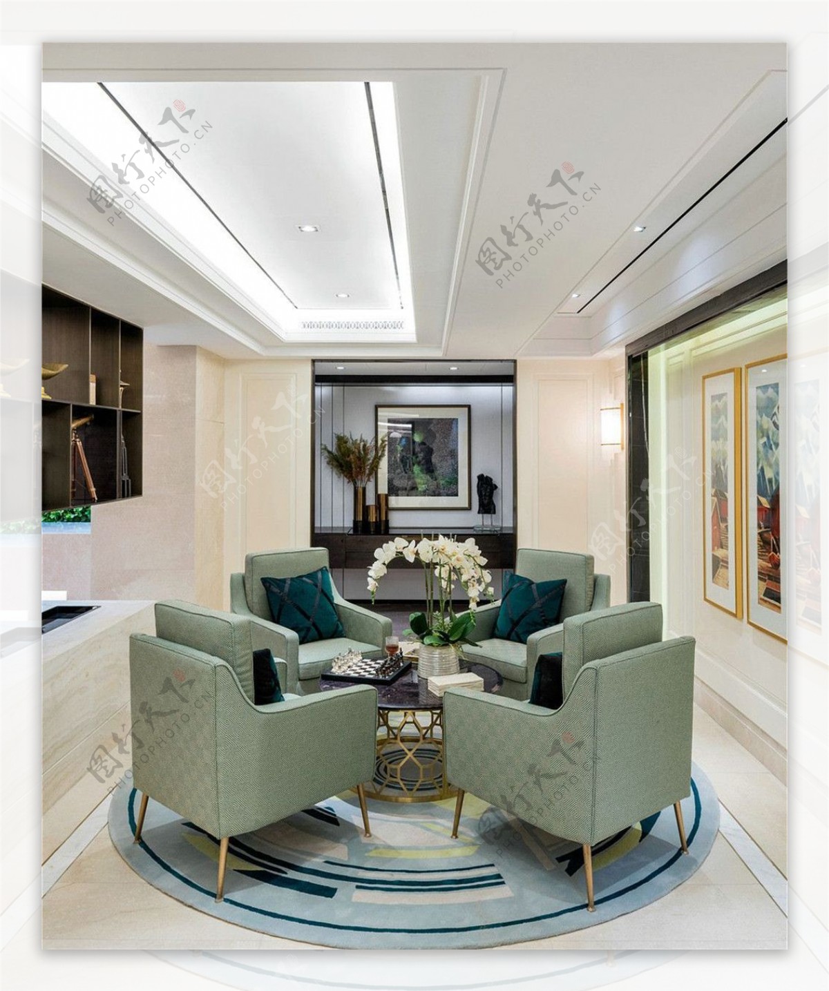 现代时尚客厅茶几绿色沙发设计图