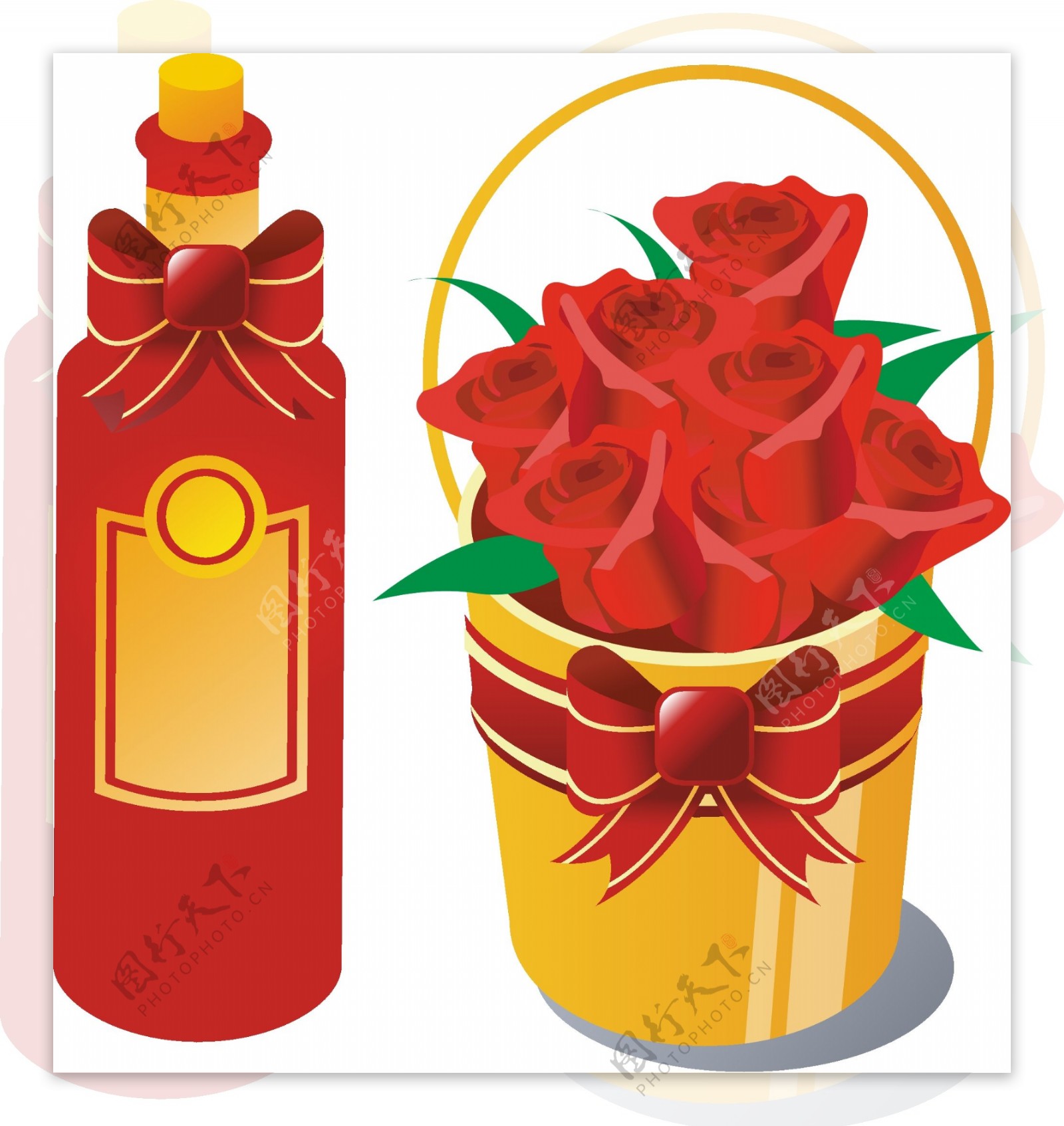 红色花朵酒瓶元素