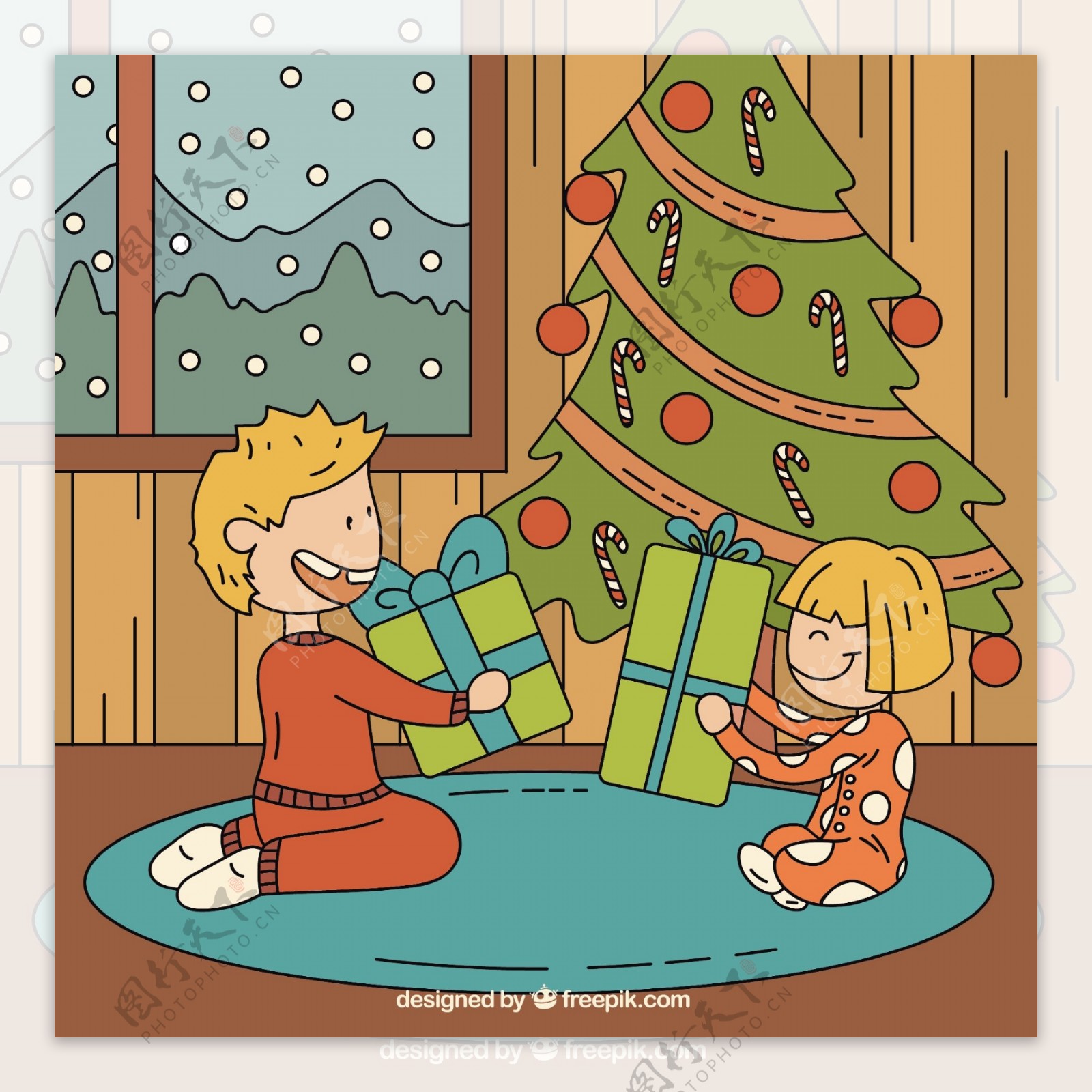 手绘的孩子与圣诞礼物