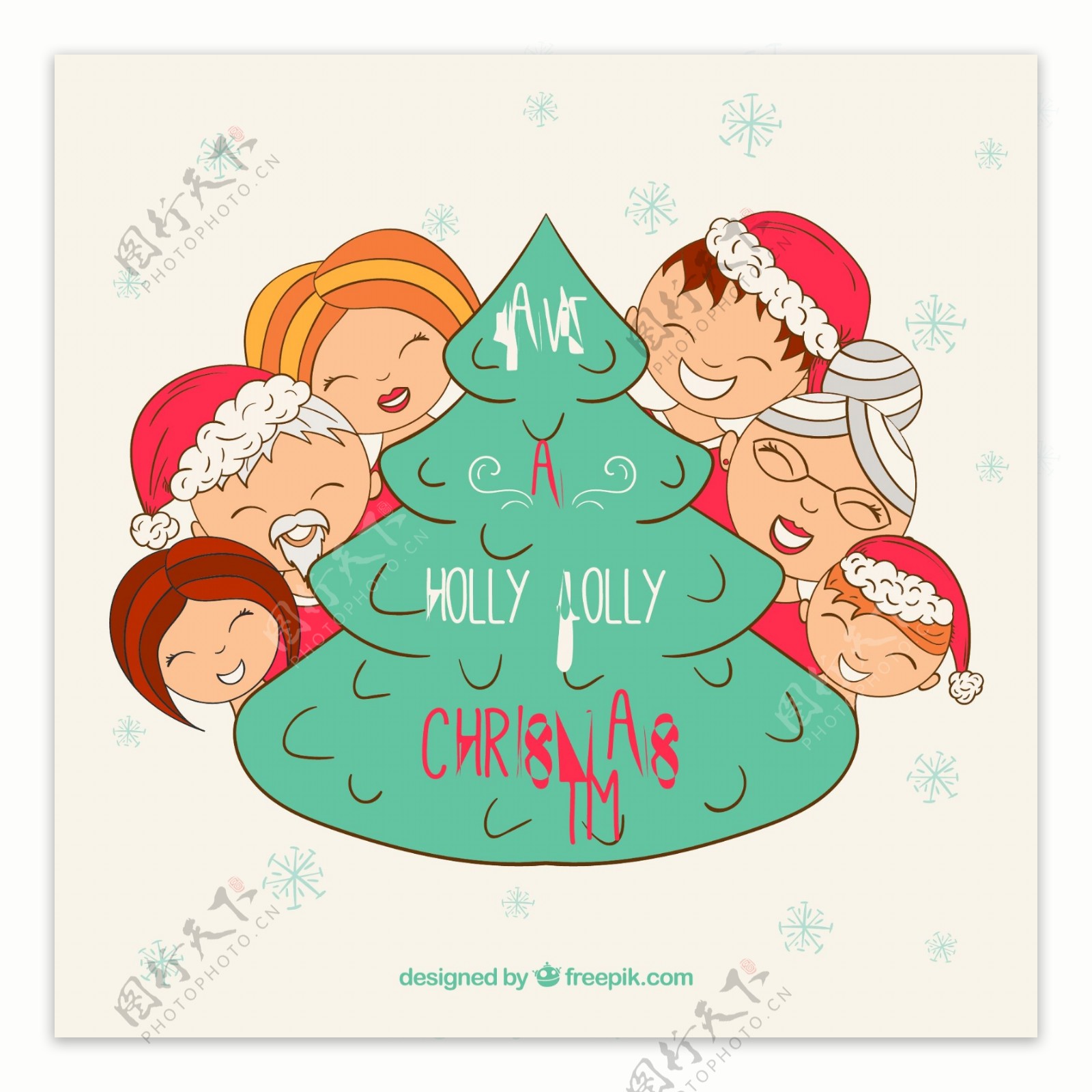 圣诞树上手绘幸福的家庭