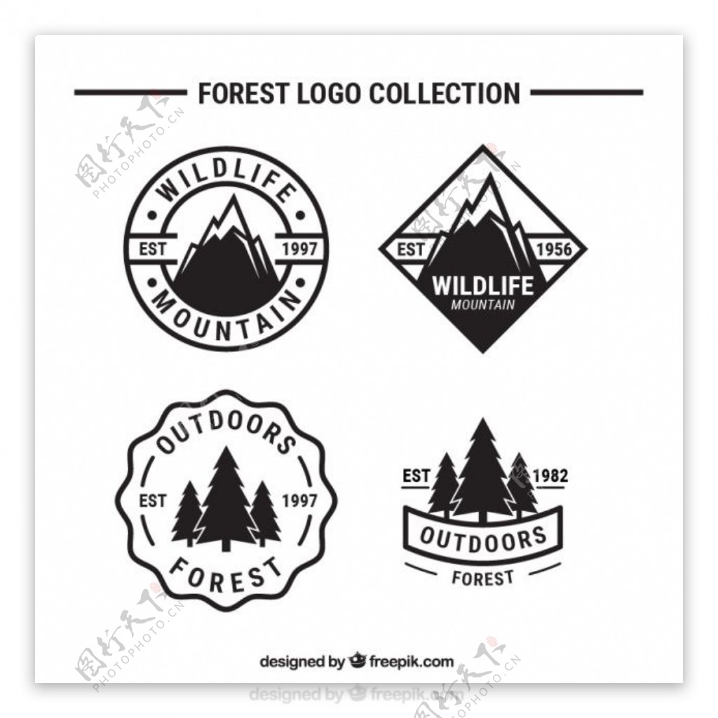 森林中冒险和野营的四个标志