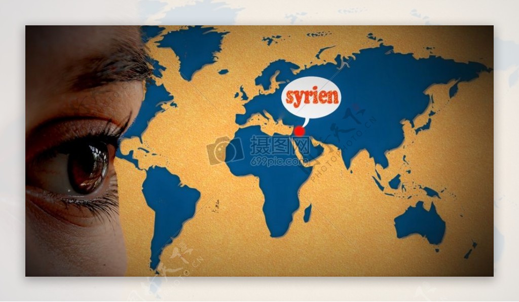 女子眼世界地图叙利亚难民Kriese逃脱寻求庇护