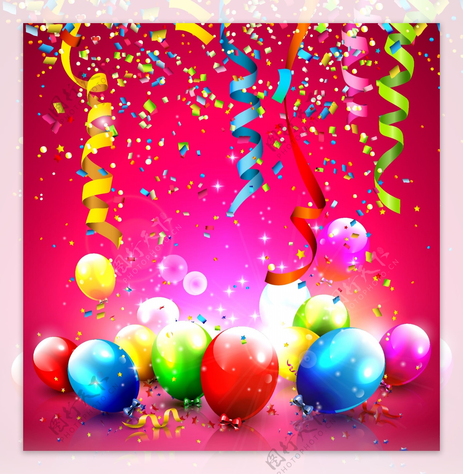 五彩纸屑和彩色丝带气球生日背景矢量01