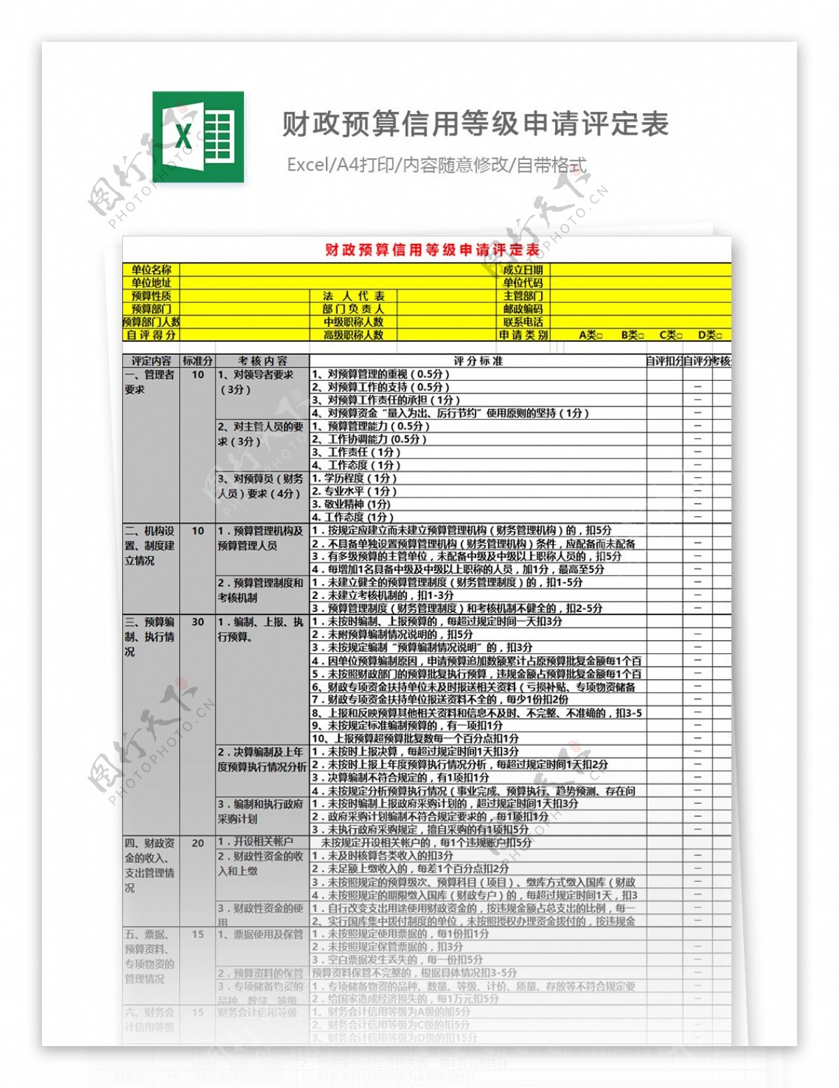 財政預算信用等級申請評定表excel模板