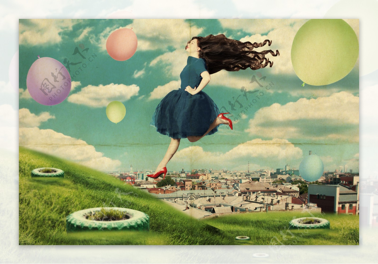 飞翔的美女与气球图片