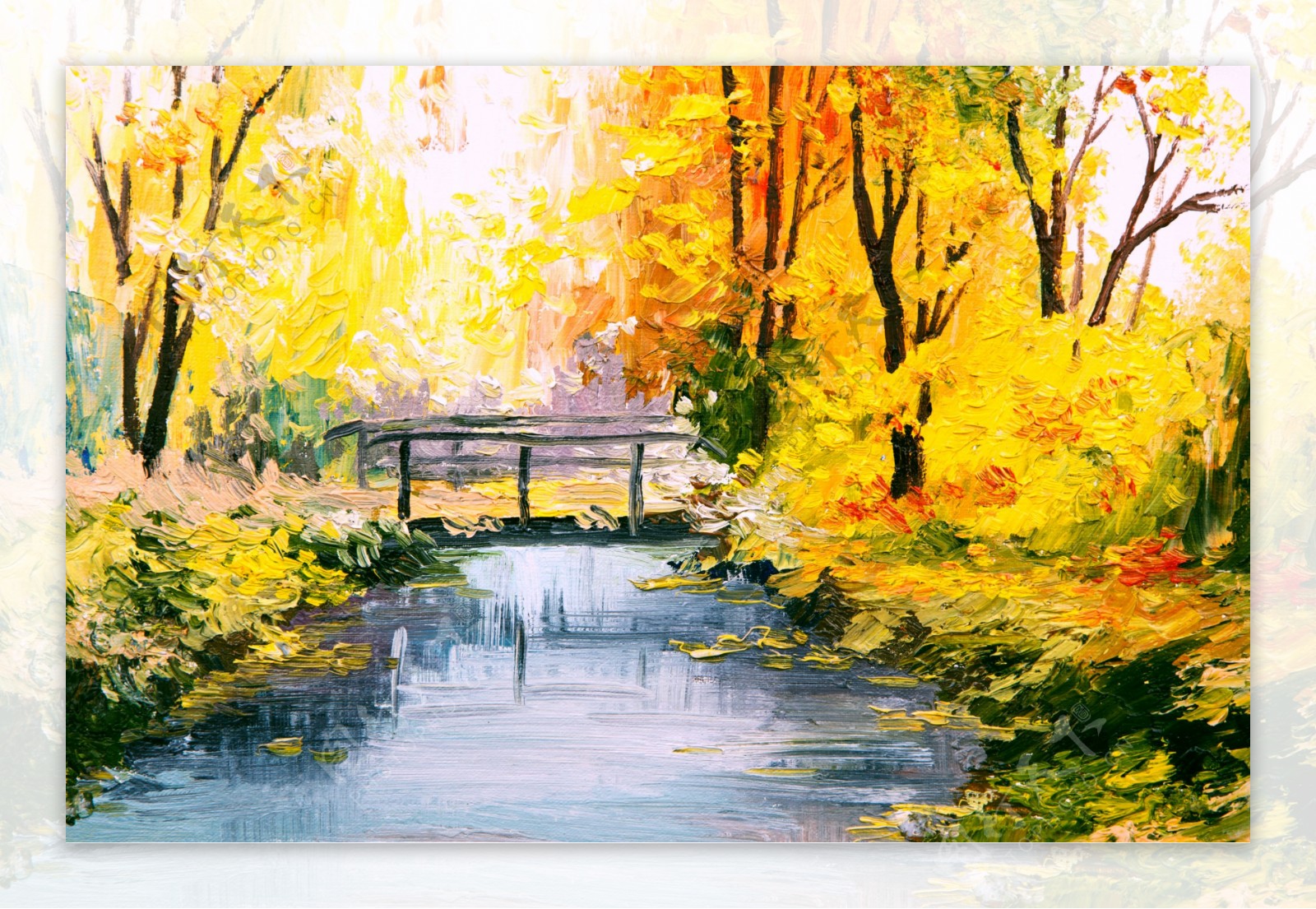 秋天小桥流水风景油画图片