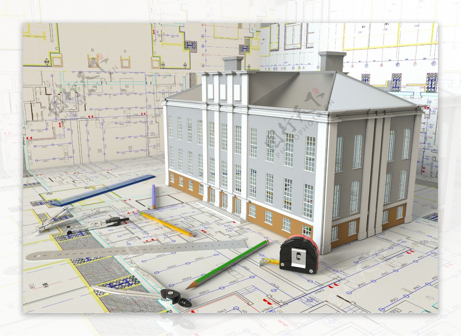 建筑模型与施工图纸高清图片