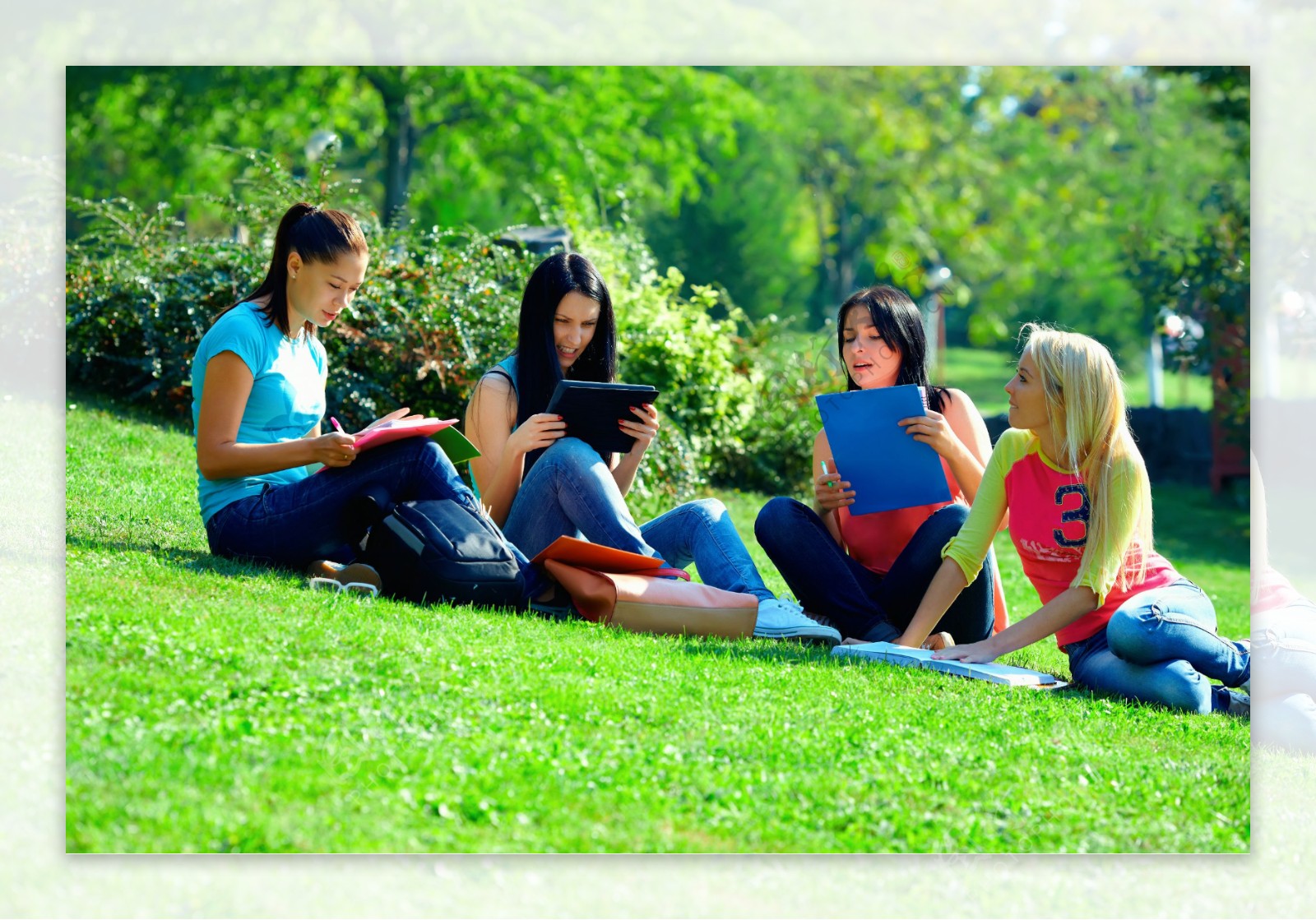 草地上看书的大学生图片
