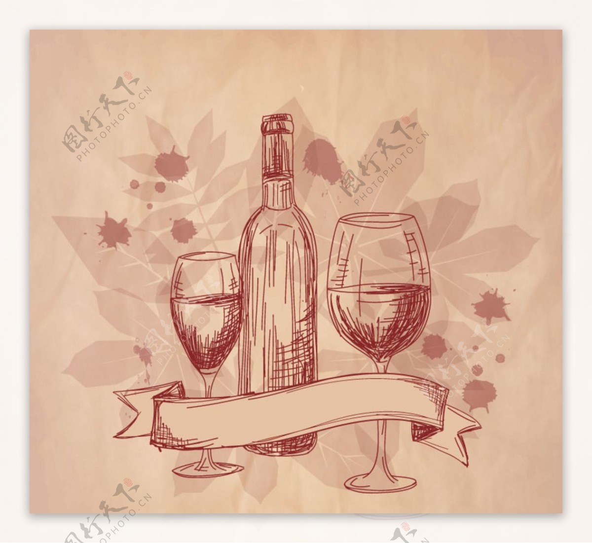 手绘葡萄酒与酒杯矢量素材