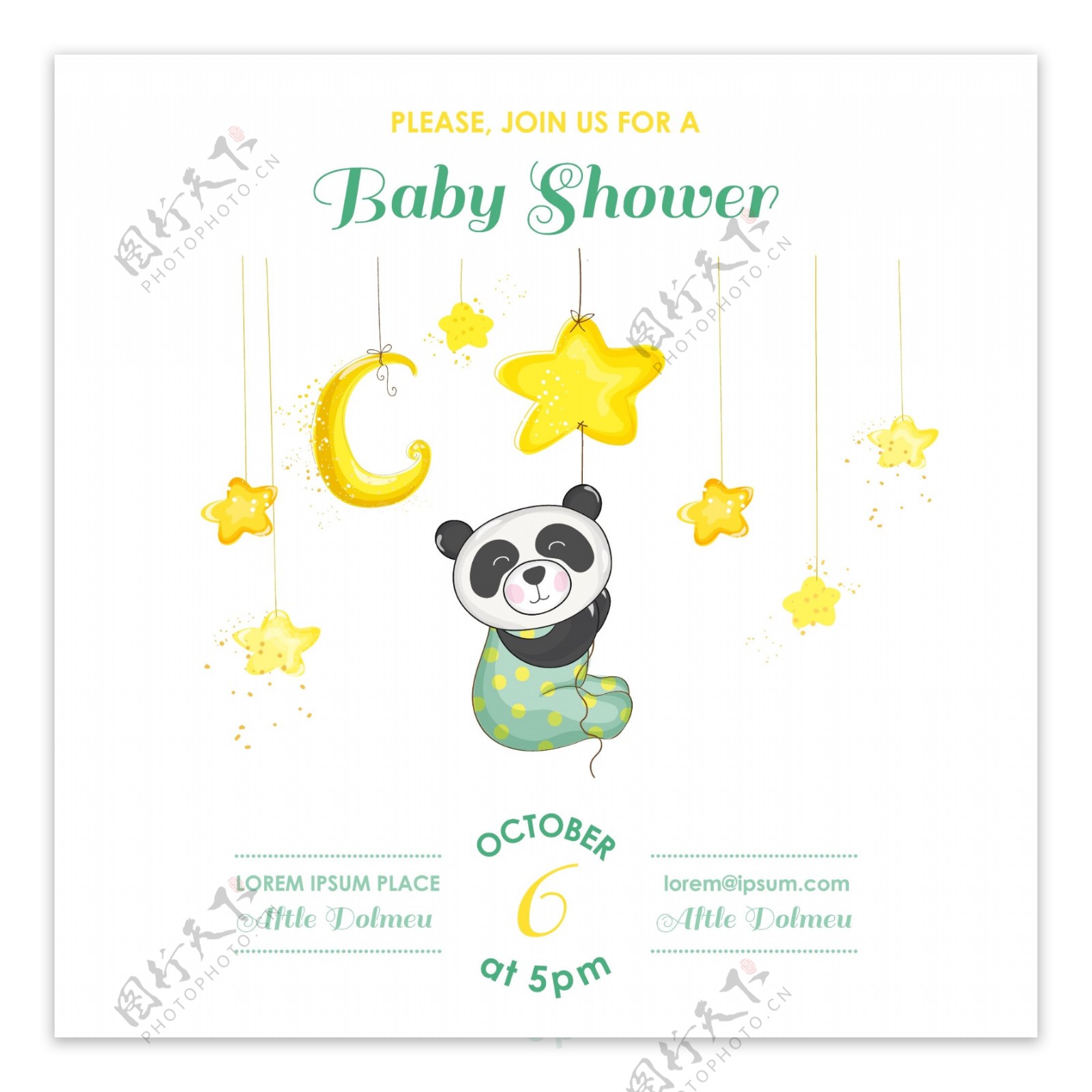 小星星婴儿洗礼卡通熊猫邀请卡片矢量素材