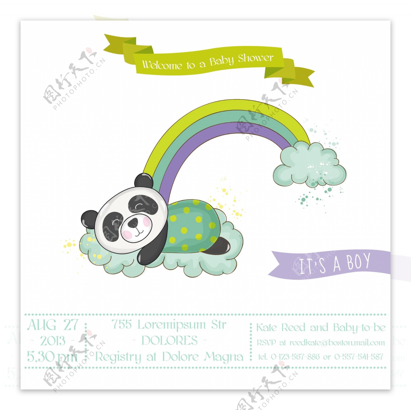 彩虹婴儿洗礼卡通熊猫邀请卡片矢量素材