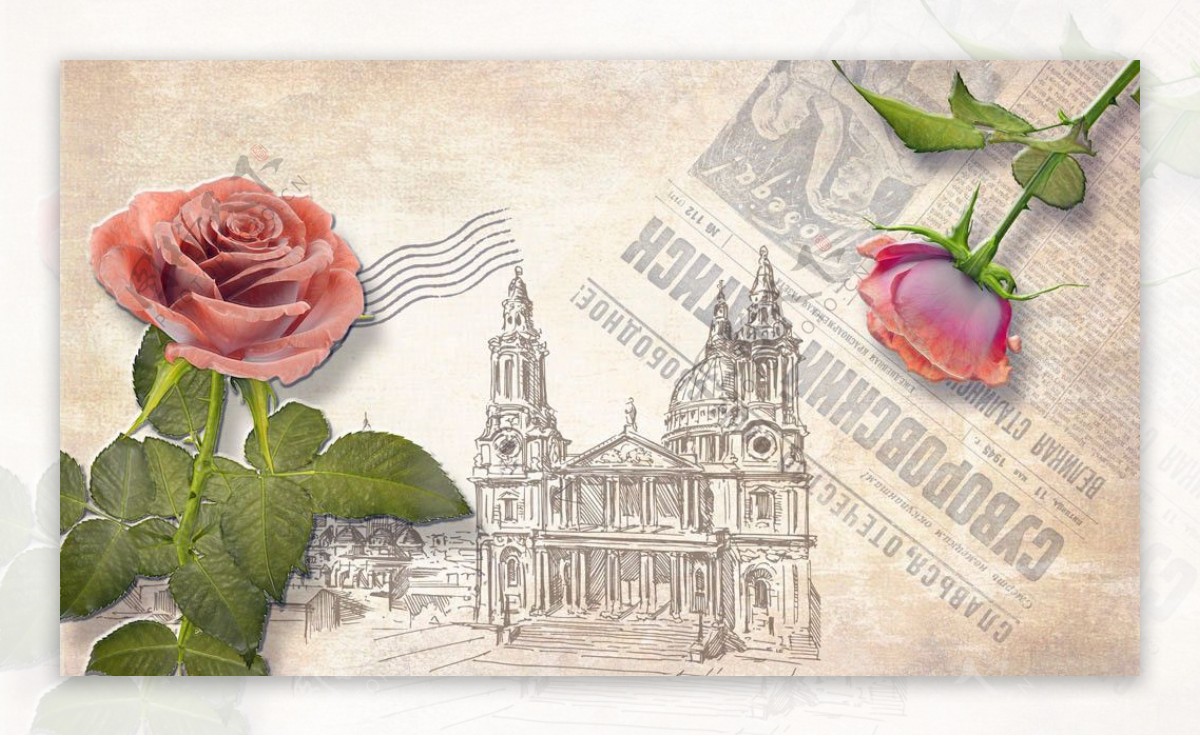 玉雕玫瑰花和建筑背景墙图片