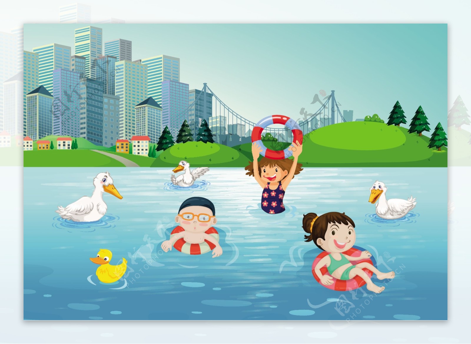 时尚卡通儿童地球水里游玩设计矢量素材
