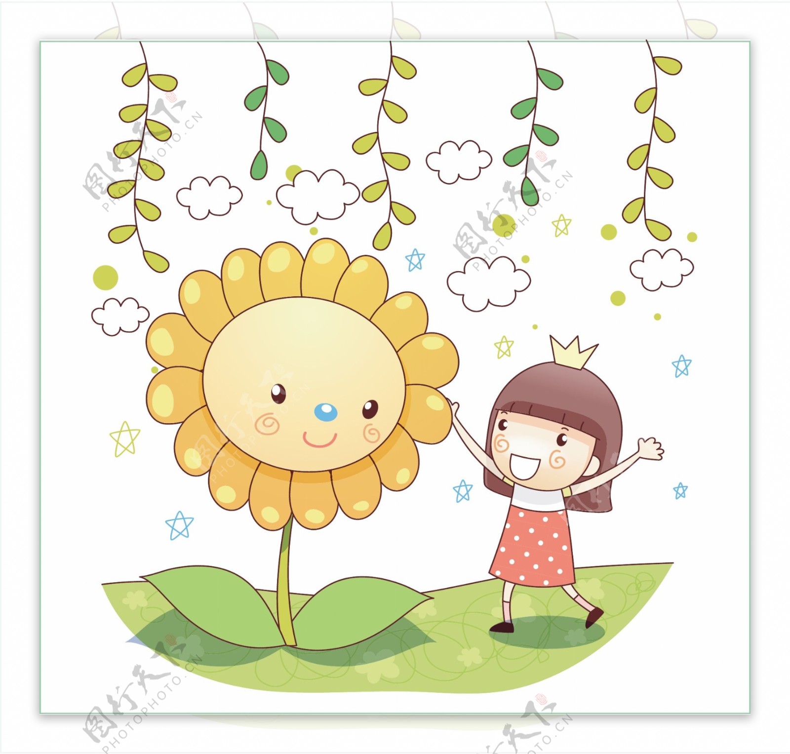 开心拥抱太阳花的小女孩