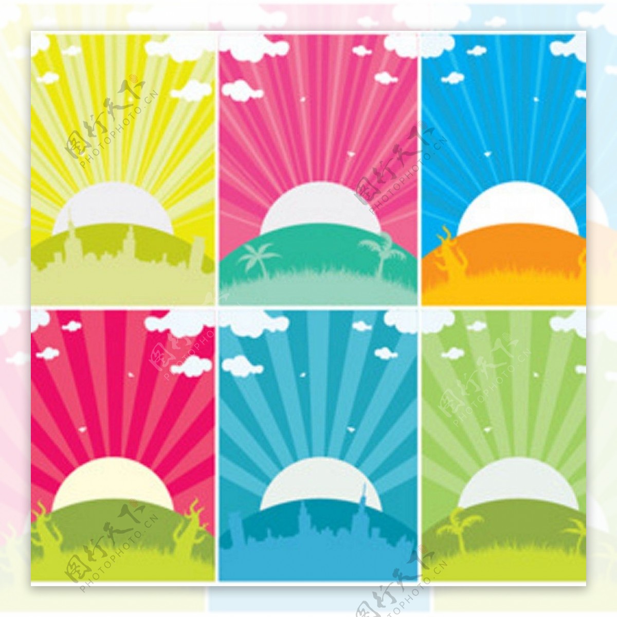 六色简单的夕阳日落卡片图标背景矢量