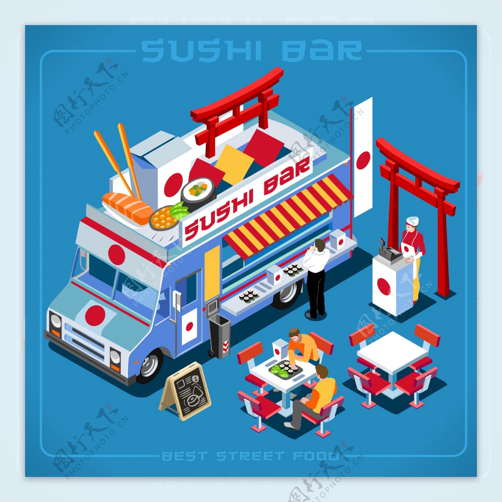 日本寿司卡通立体快餐移动贩卖车矢量素材