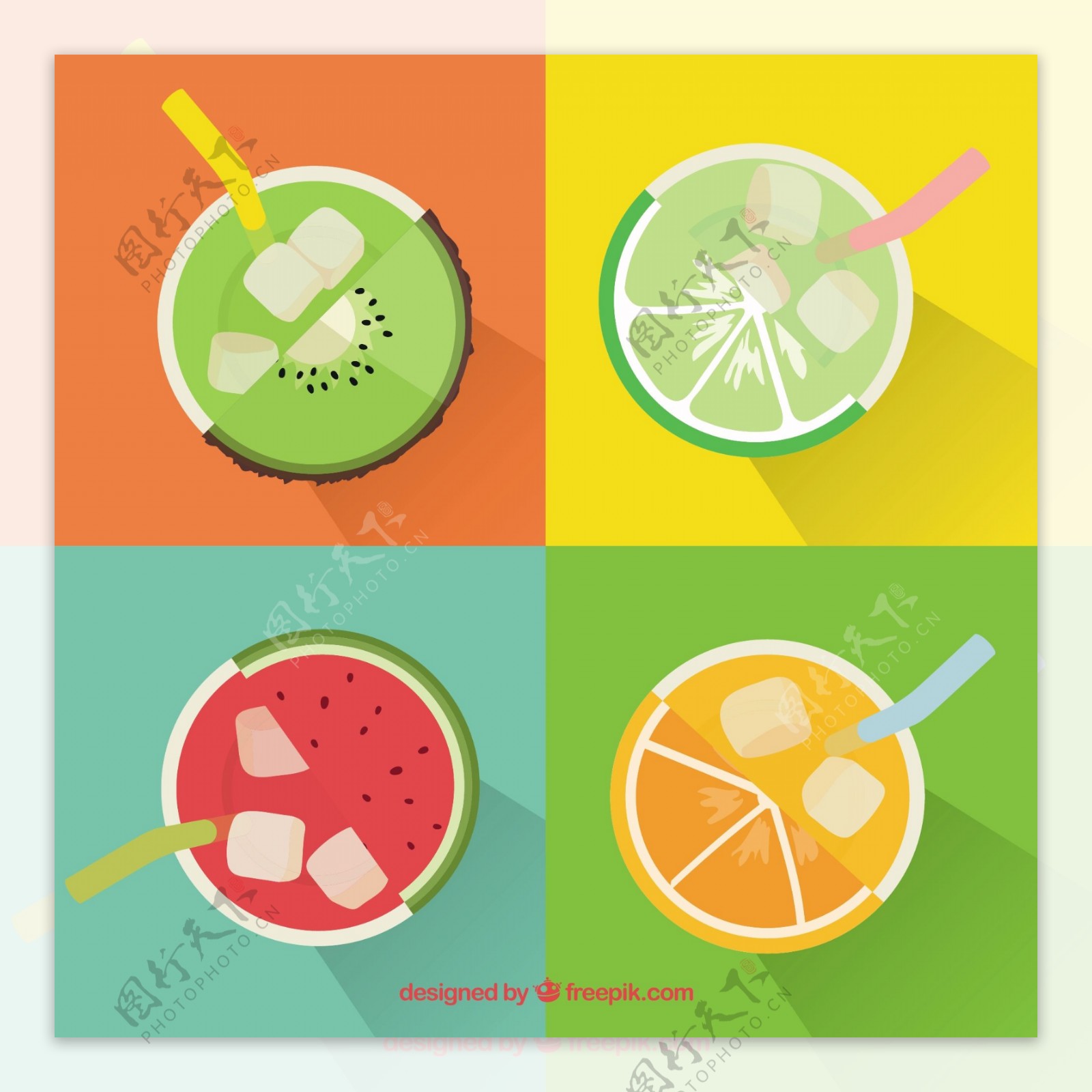 四个顶视图美味的果汁插图