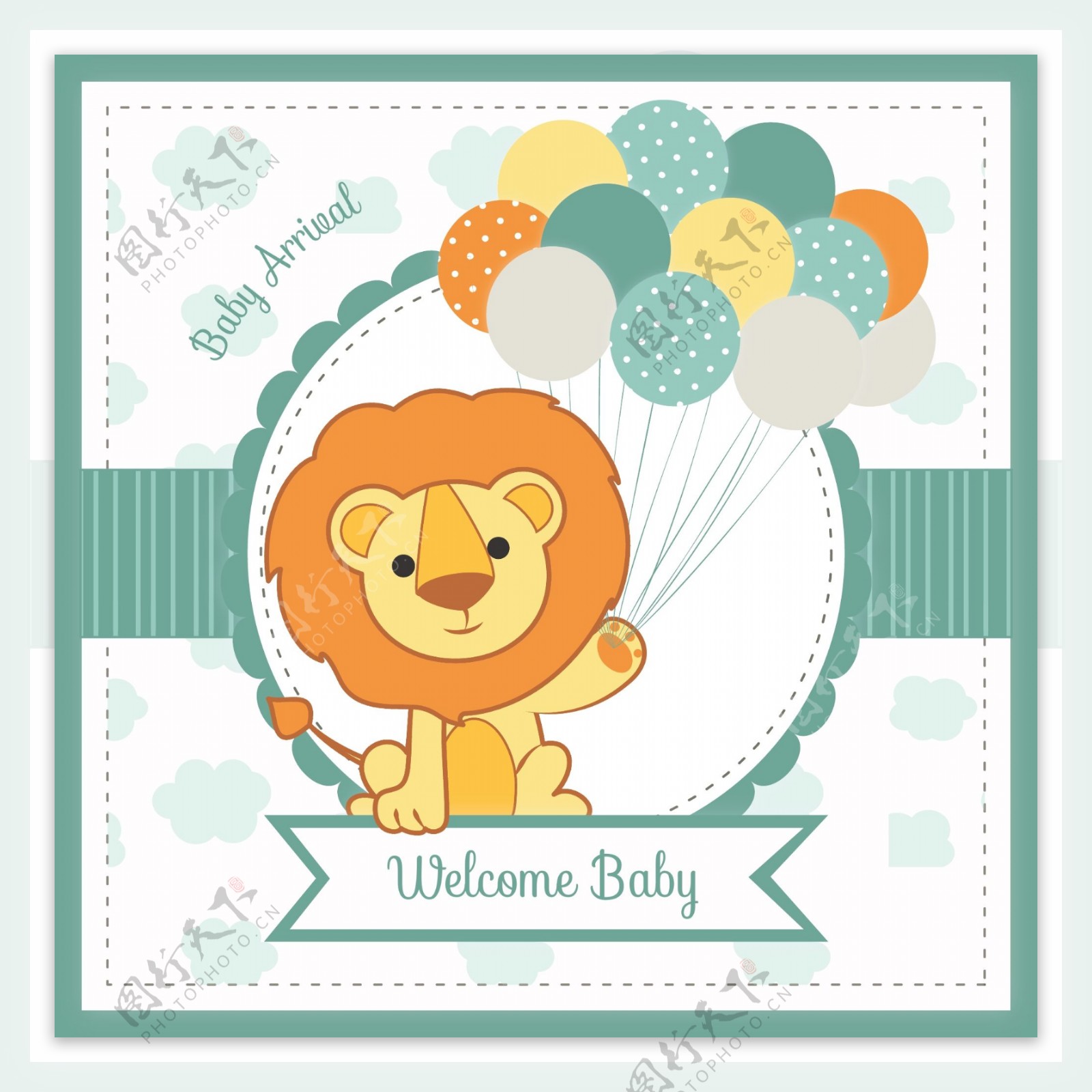 可爱狮子拿着气球迎婴派对卡片矢量素材