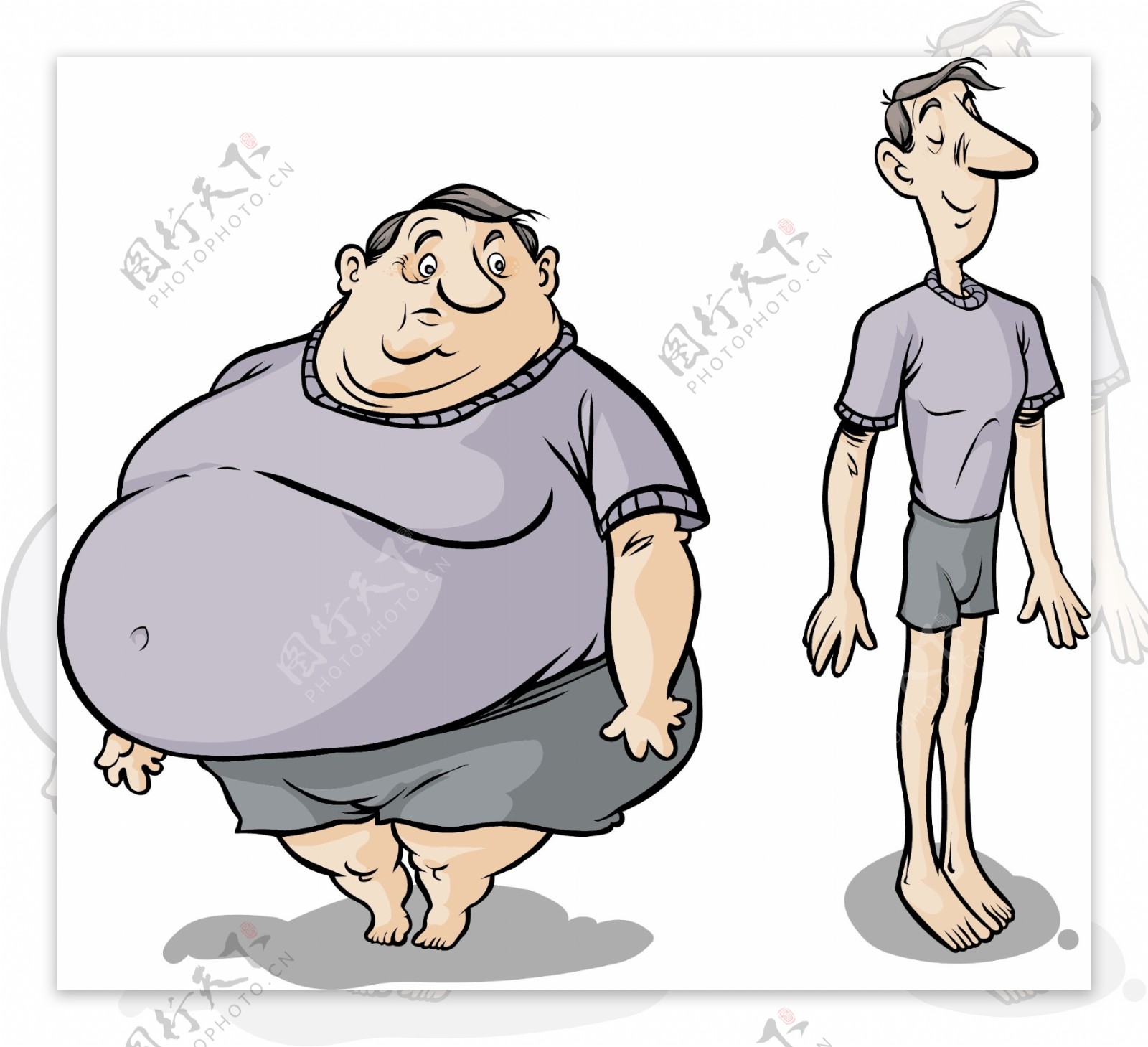 穿同款服装的胖瘦男人插画