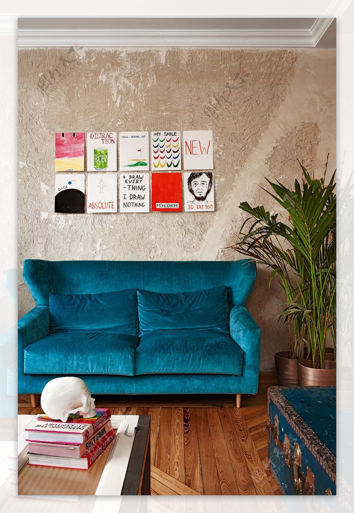 北欧时尚客厅蓝色沙发背景墙设计图