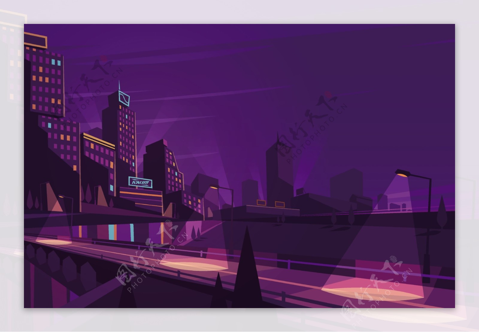 夜晚城市高架桥插画矢量素材