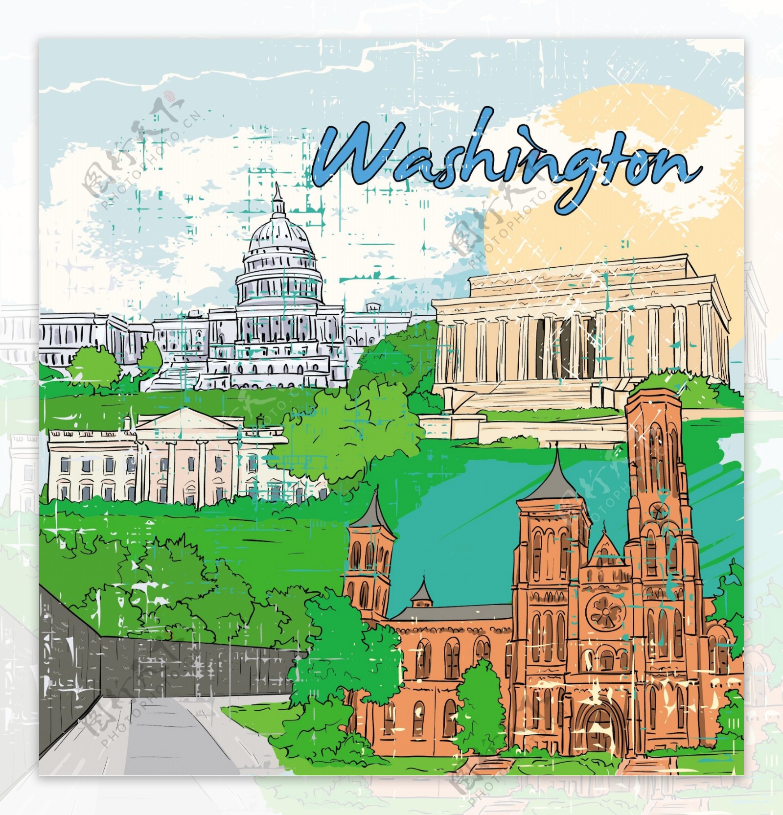 华盛顿的涂鸦矢量插画
