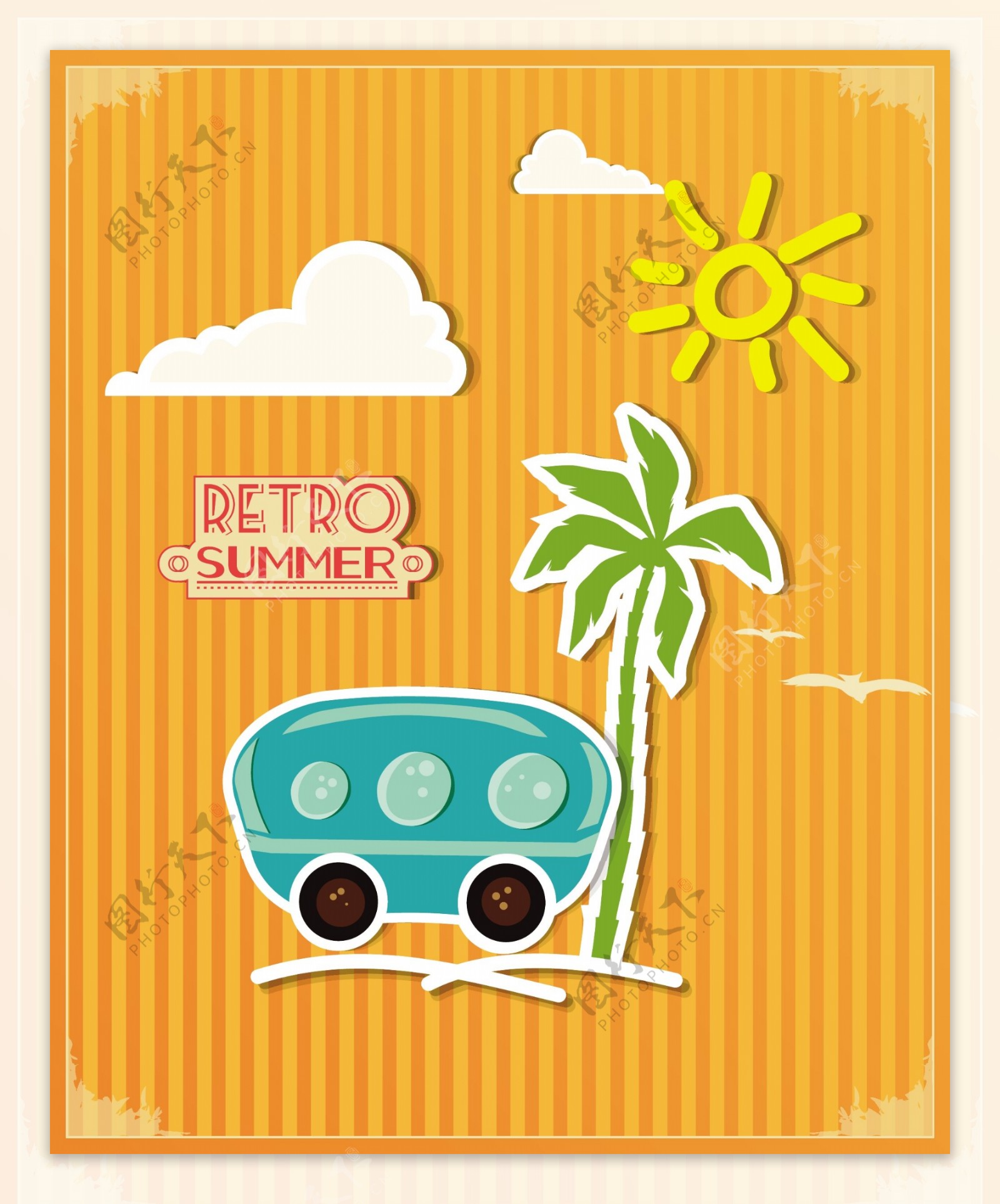 夏天矢量插画涂鸦车的棕榈树下