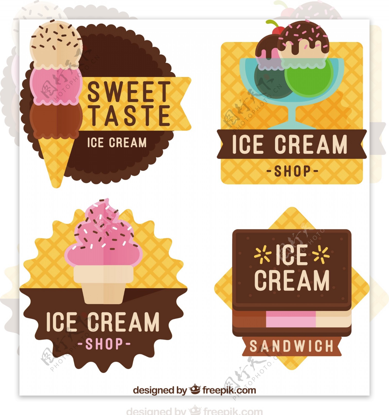 扁平风格彩色冰淇淋贴纸